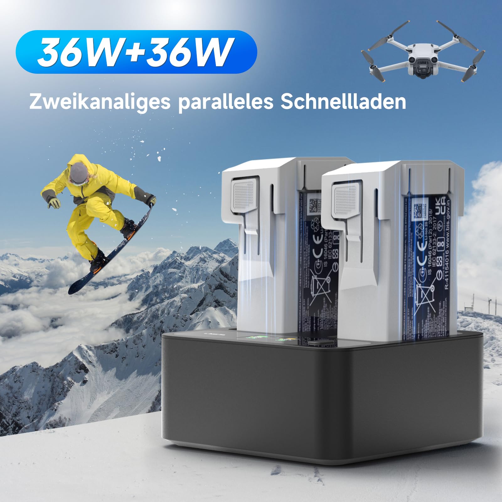 LIMETA MC234AC Hub de charge intelligent de batterie 72 W – Charge rapide à double port, technologie GaN, affichage d'écran HD, contrôle par application, pour DJI Mini 3/4/4 Pro