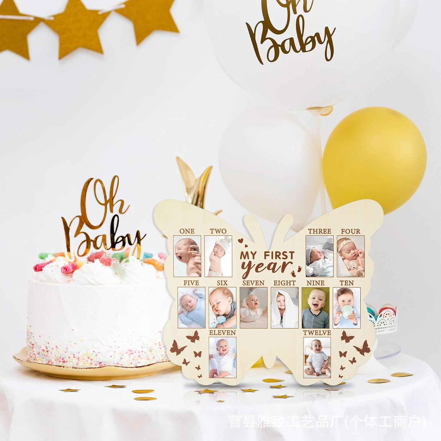 12 Monthly Picture Frame,One Year Birthday Wooden Photo Board, My First Year Milestone Photo Board Baby First year Wood Sign (Butterfly)