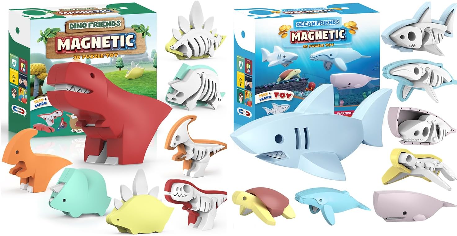 Magnetic Dinosaur & Ocean Animals Building Toys STEM Toddler Learning Toys 3D Puzzle Dinosaur for Boys Girls, Educational Magnetic Travel Montessori Toy Dinosaurs, for Kids 3 4 5 6 7