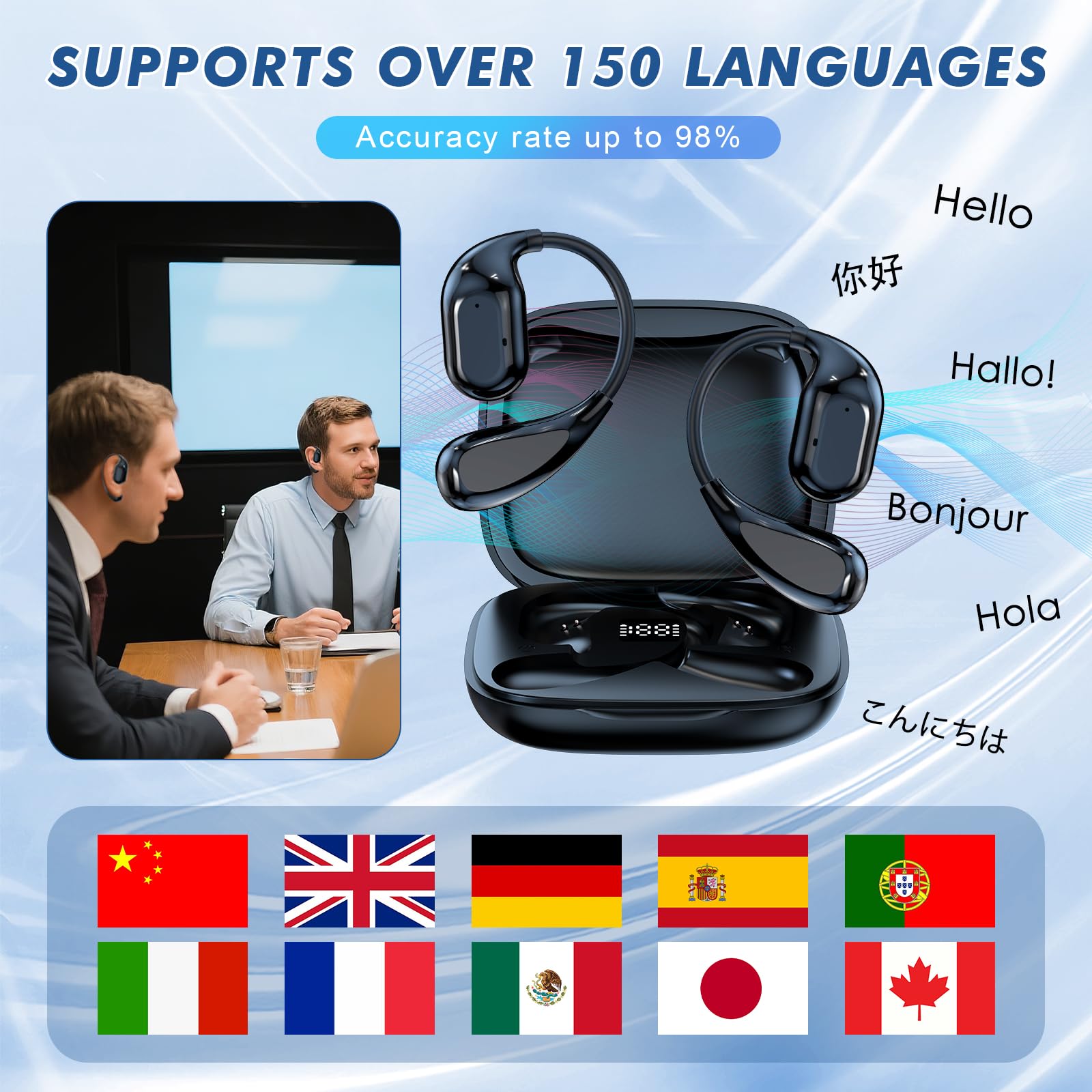 ecouteur traducteur instantané, 6 Modes de Traduction, Prise en Charge de 150 Langues et Traduction Hors Ligne, traducteur Vocal instantané Bluetooth 5.4, adapté aux Voyages de conférence