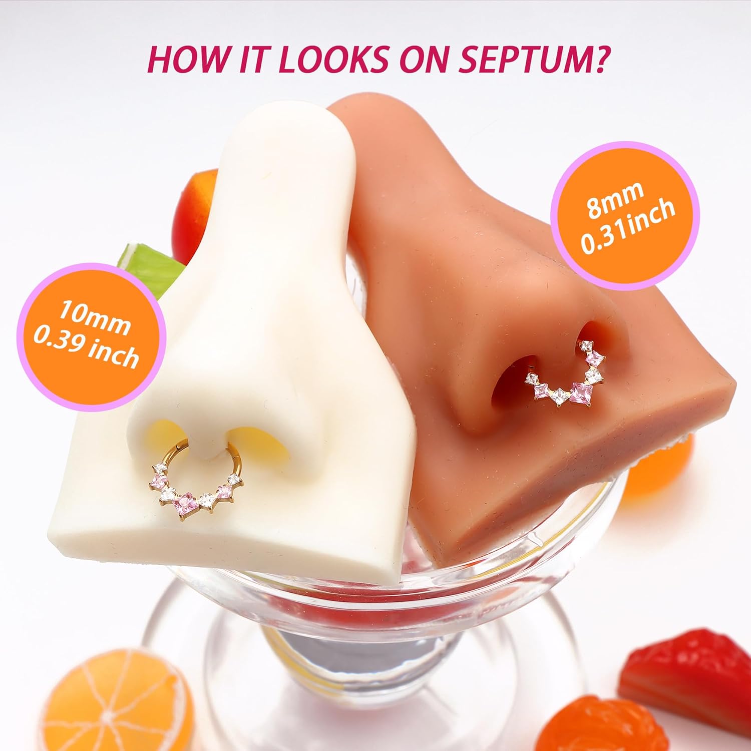 BodyBonita 16G Septum Rings Pink/Red/Green/Clear CZ, G23 Titanium Nose Ring Hoops, Septum Jewelry Clicker, Conch Helix Tragus Rook Daith Piercings for Women Men Silver/Gold 8/10 mm - Image 5