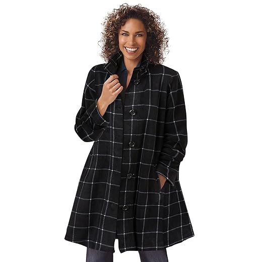 Woman Within Women's Plus Size Fleece Swing Funnel-Neck Coat - M, Black Windowpane Plaid