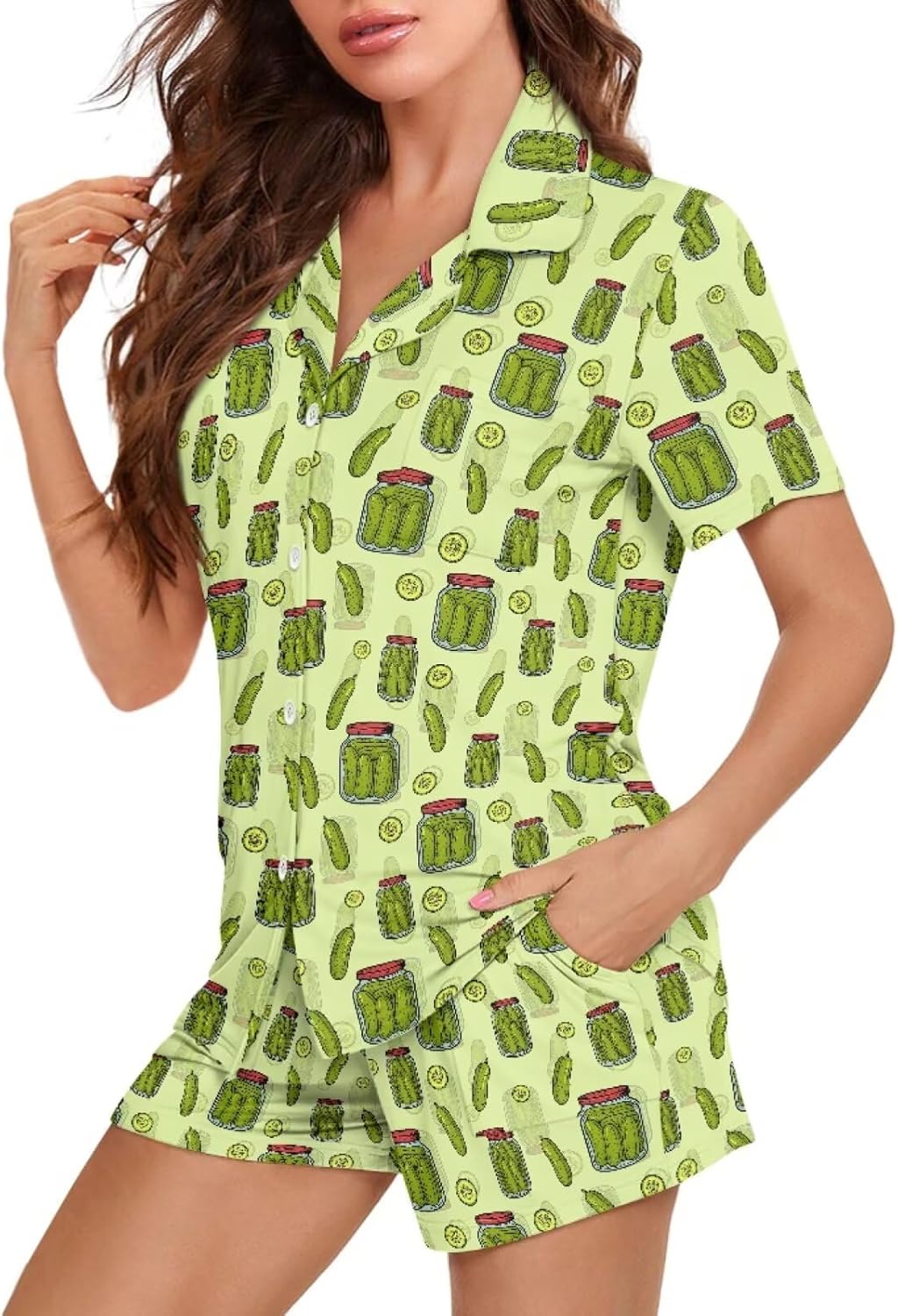 Funnydude Funny Print Pajamas for Women Set Summer Button up Loungewear Hawaiian Shirt Pajama Set with Shorts