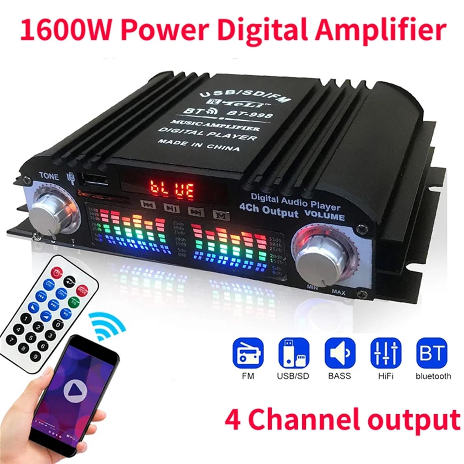 Amplificatore Audio HiFi con Potenza di Picco da 1600 W Amplificatore Audio Digitale a 4 canali Lettore Radio FM Supporto Telecomando