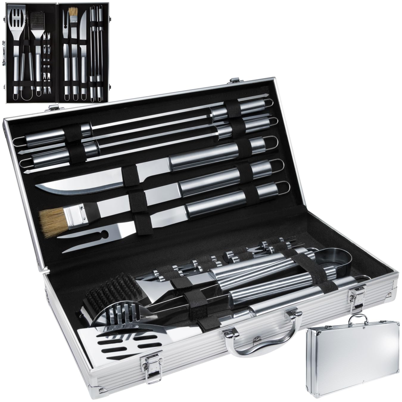Set Barbecue 28 Pièces Acier Inoxydable - Spatule, Pince, Brosse, Brochettes - Sac De Transport