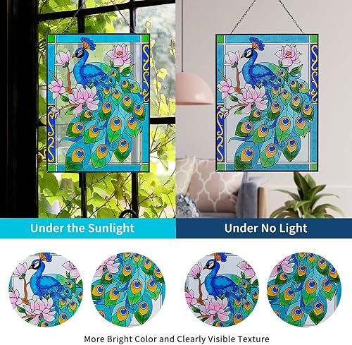 Miniatura 4 de Pavo real para colgar en la ventana, 11 pulgadas de ancho x 15 pulgadas de alto, panel de vitral con cadena, atrapasoles para decoración colgante de