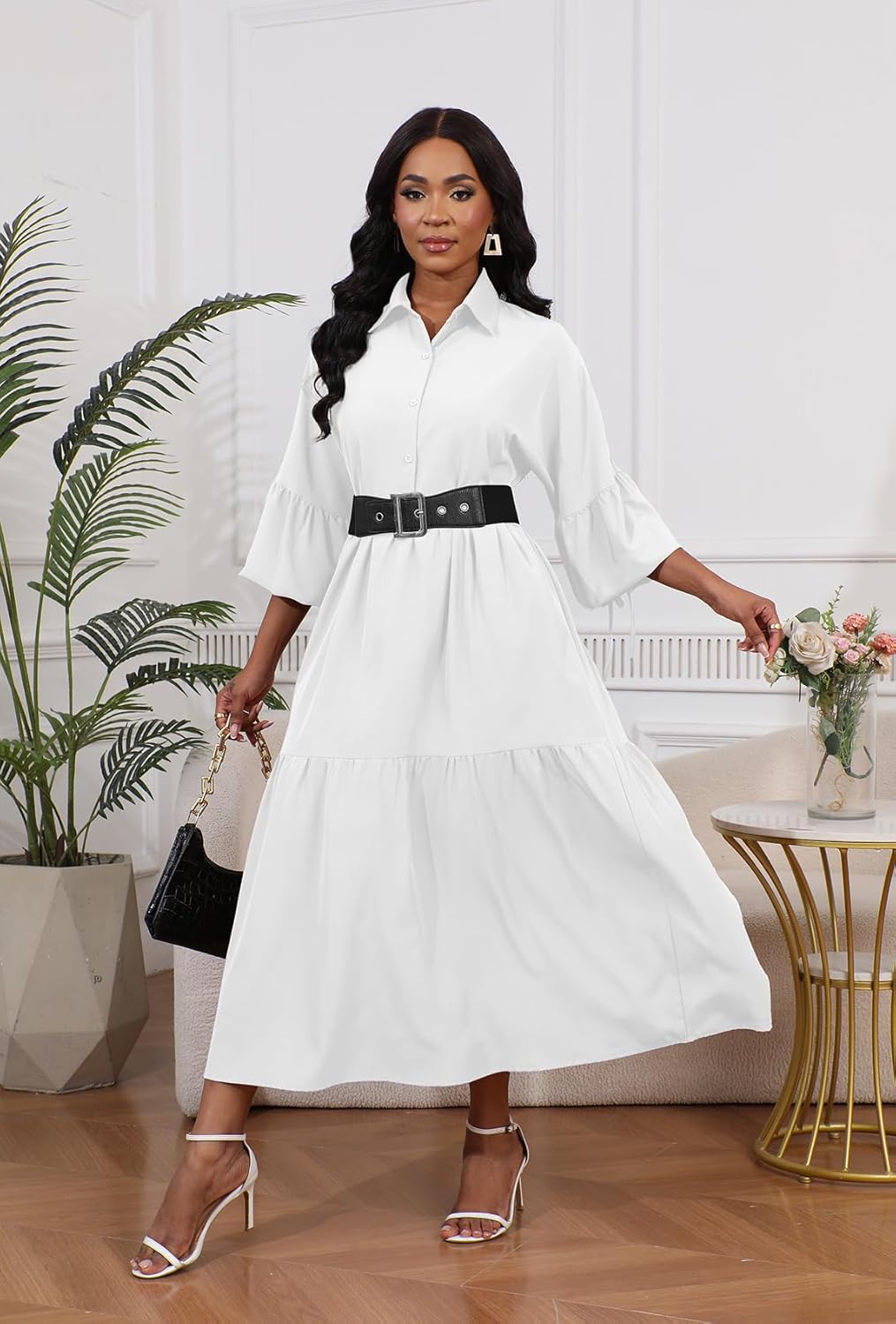Women's Long Sleeve Maxi Shirt Dress Elegant Button Down Loose Swing Party Dress - Image 4