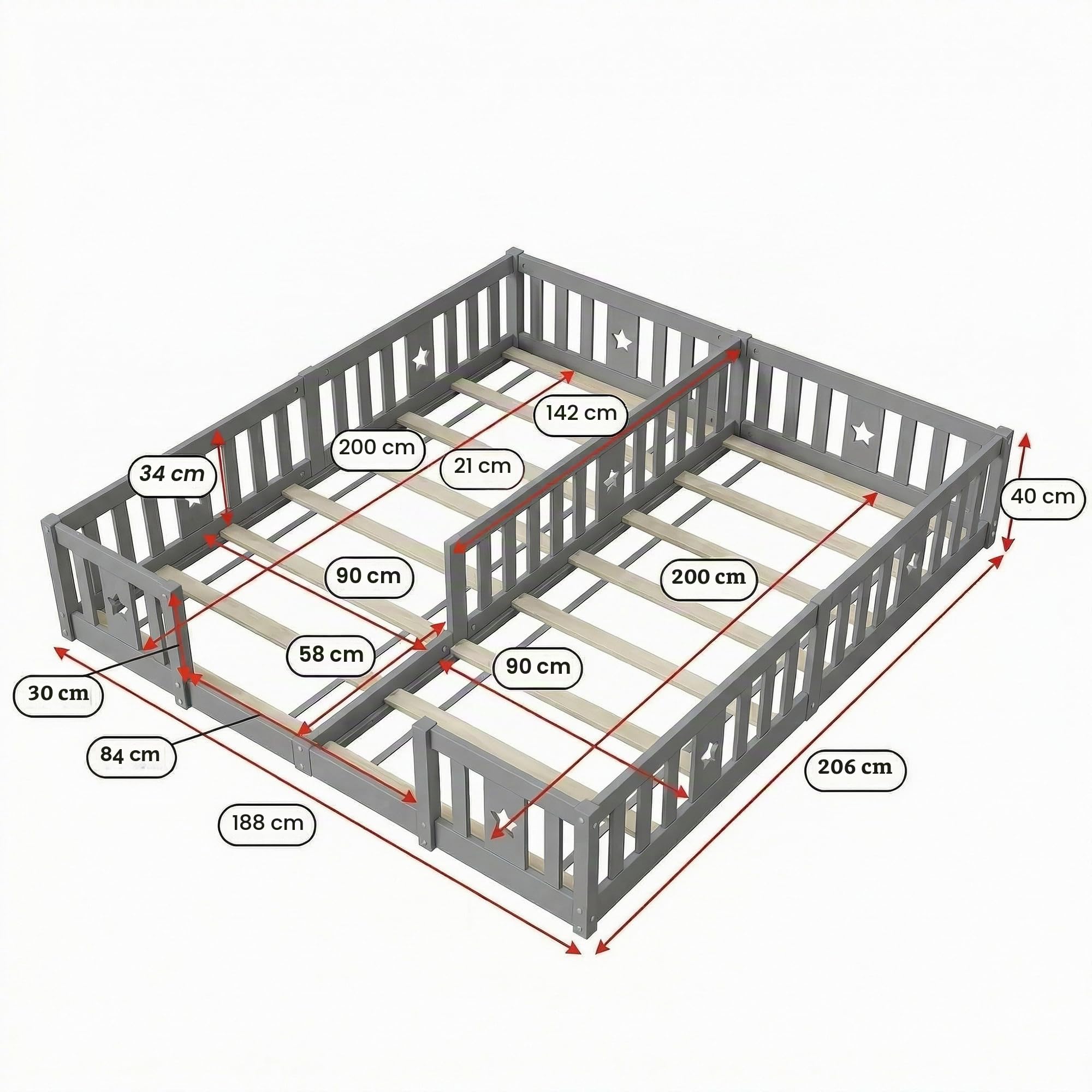 Cama baja de 180x200 cm para 2 niños, cama doble Montessori con barandilla de seguridad, cama baja de 90x200 cm, cama infantil para hermanos, madera maciza (Gris-B01, con somier de láminas, 180x200)