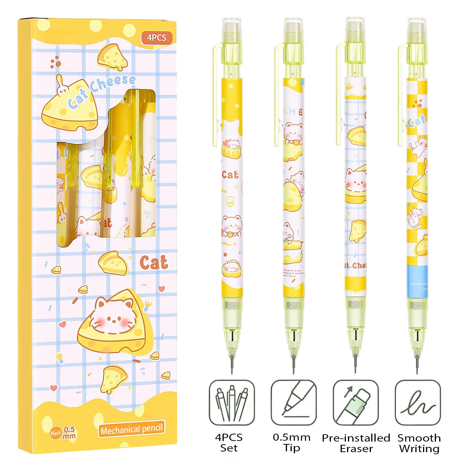 Lot de 4 porte-mines Kawaii mignons de 0,5 mm pour étudiants, femmes, bureau, école, fournitures scolaires