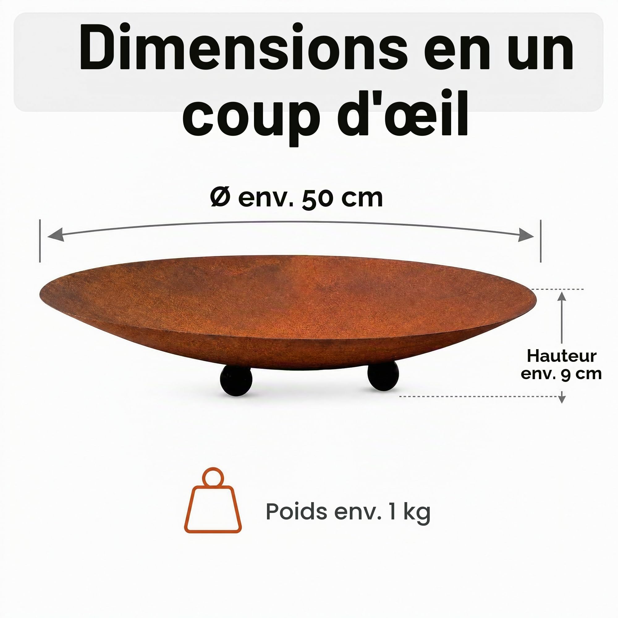 Bol en métal, patine, 50 x 9 cm, décoration de jardin rustique et rouille, accessoire de décoration rond pour jardin, balcon et terrasse, taille M