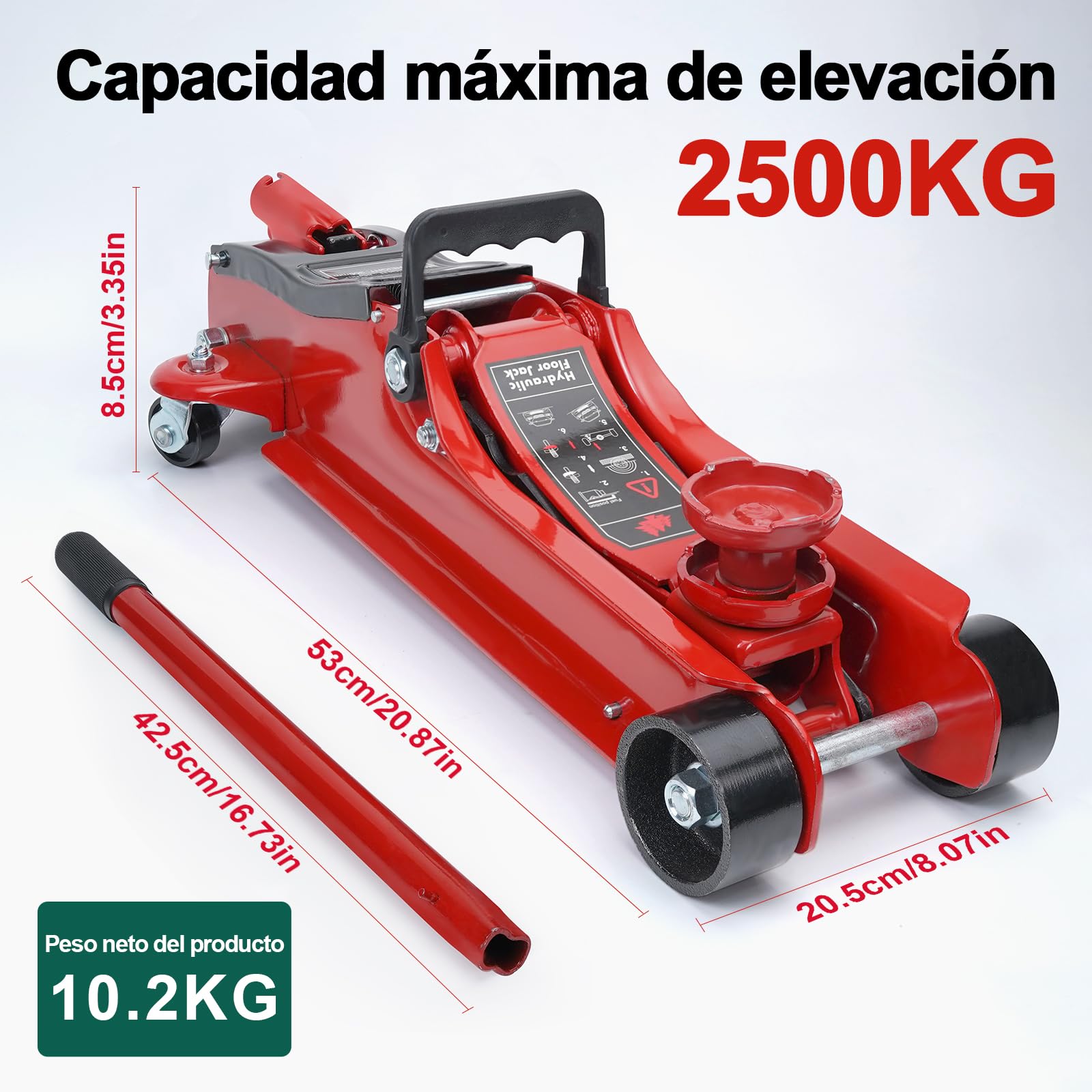 Gato hidráulico con ruedas HYCHIKA Gato hidráulico con pistón hidráulico de elevación rápida de 2.5T, gato hidráulico, rango de elevación de 135-370 mm para berlina, SUV, cambio de neumáticos