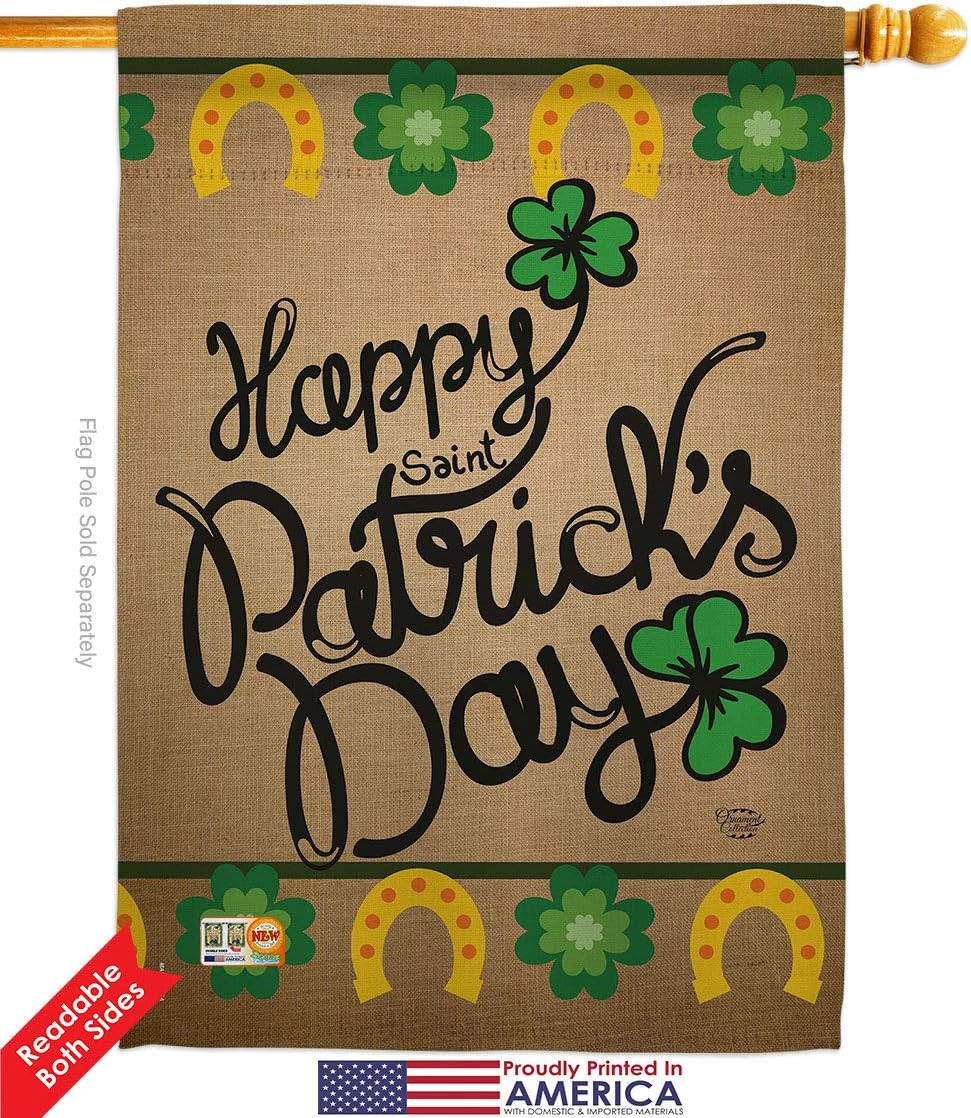 Happy Saint Patricks Day House Flag Springtime St Patrick Shamrock Leprechaun Lucky Coin Holiday March Irish Clover Small Decorative Gift Yard Banner Made In USA 28 X 40
