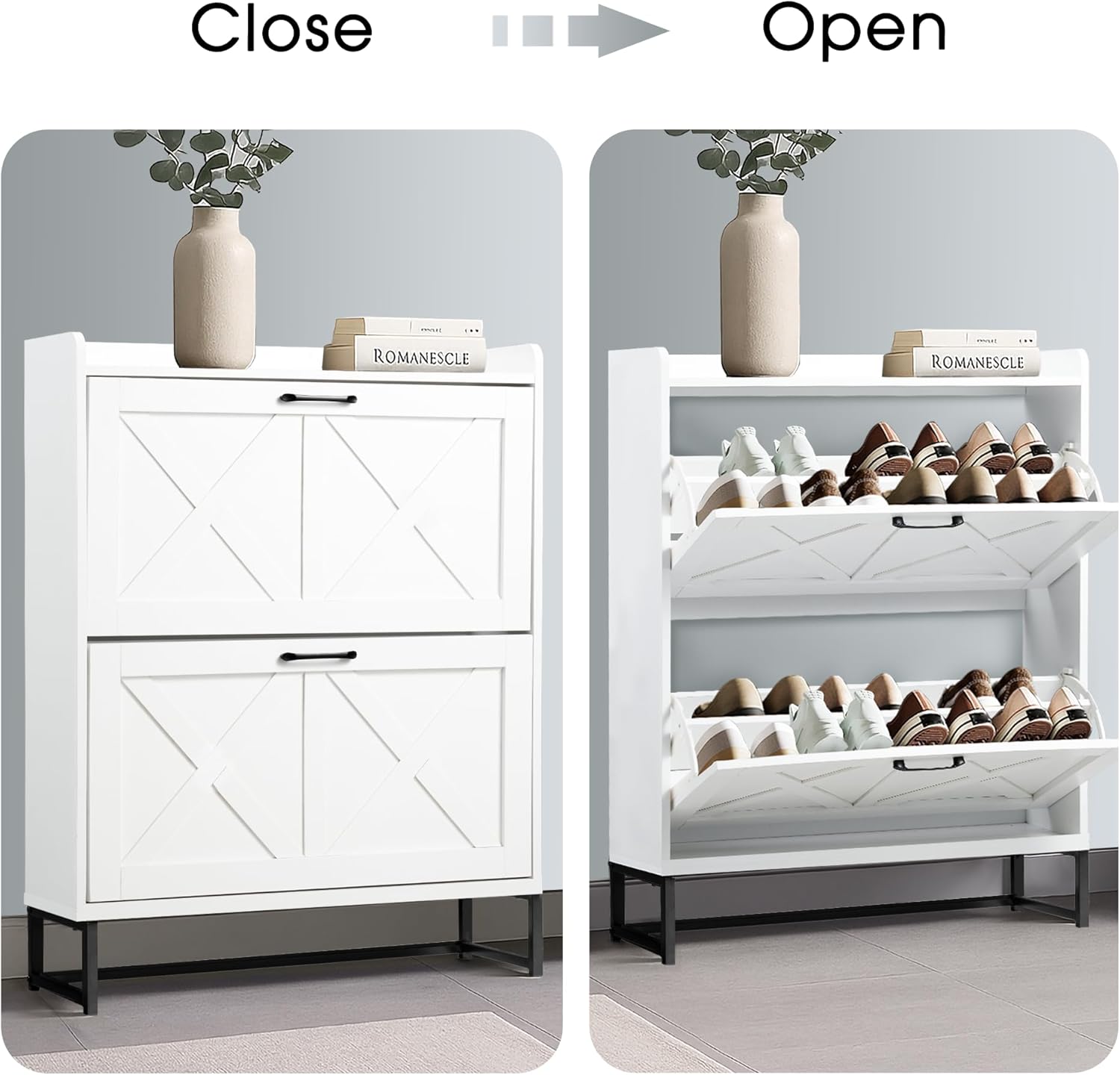 Shoe Cabinet with 2 Flip Drawers Farmhouse Freestanding Shoe Storage Cabinet for Entryway, Hidden Shoes Rack Cabinets for Entryway with Metal Legs, White