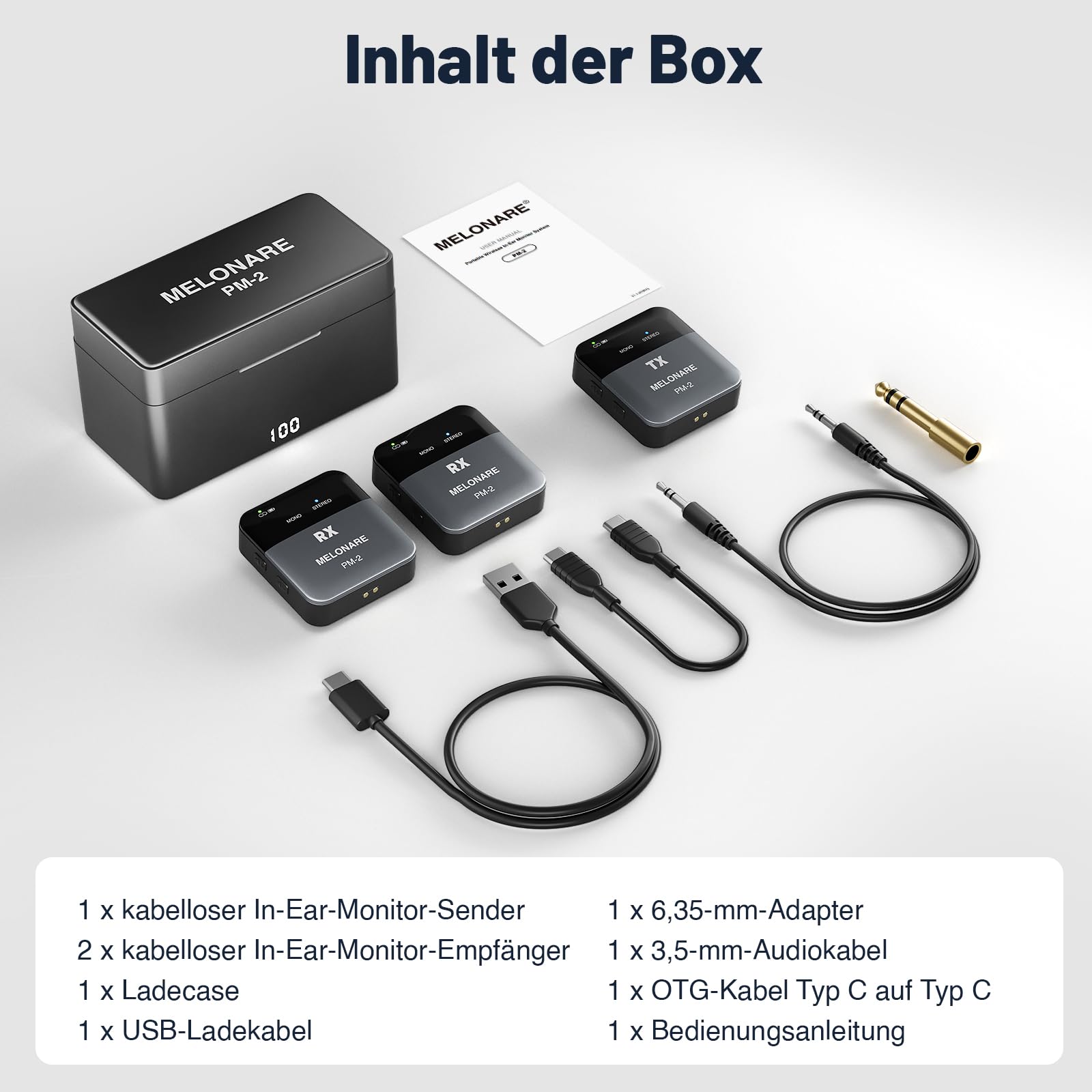 MELONARE PM-2 Tragbares kabelloses In-Ear-Monitor-System mit Ladecase, Sender & Empfänger, 24-Bit/48kHz Audio, OTG-Eingang, Mono/Stereo-Schalter, ideal für Live-Auftritte, Studio & Bands