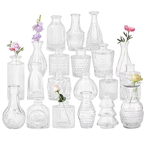 Set of 20 Glass Bud Vases,Small Clear Vases,Wedding Centerpiece Table Decorations,Clear Vintage Embossed Mini Vases,Flower Arrangements in for Party or Home Decor - 20