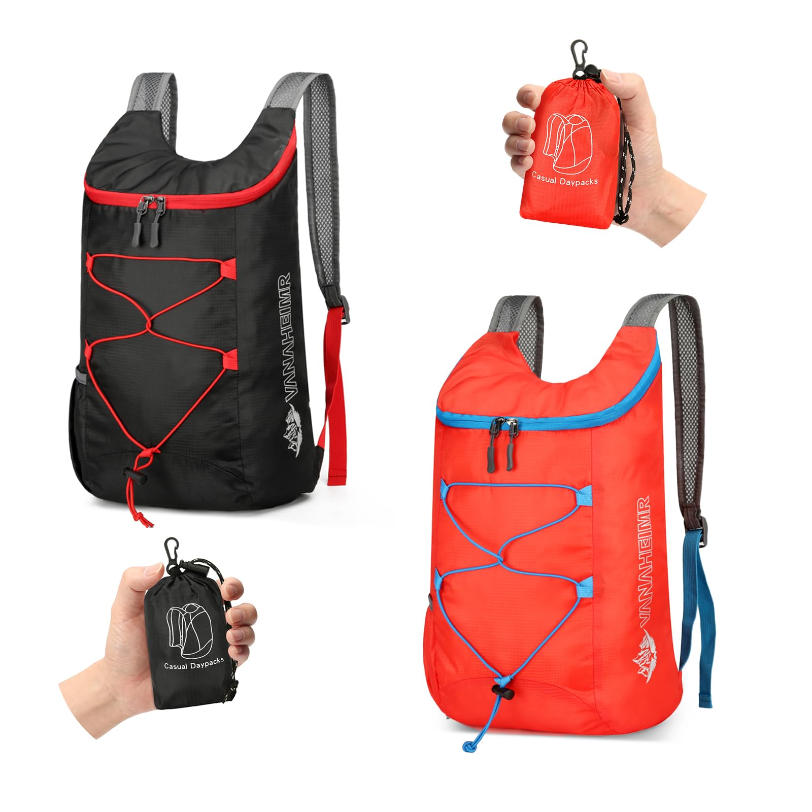 Sahunfri 2 Pcs Ultra Lightweight Backpack, Foldable Backpack Water Resistant Travel Rucksack, Multi-Functional Foldable Backpacks Womens Men For Camping, Hiking, Biking