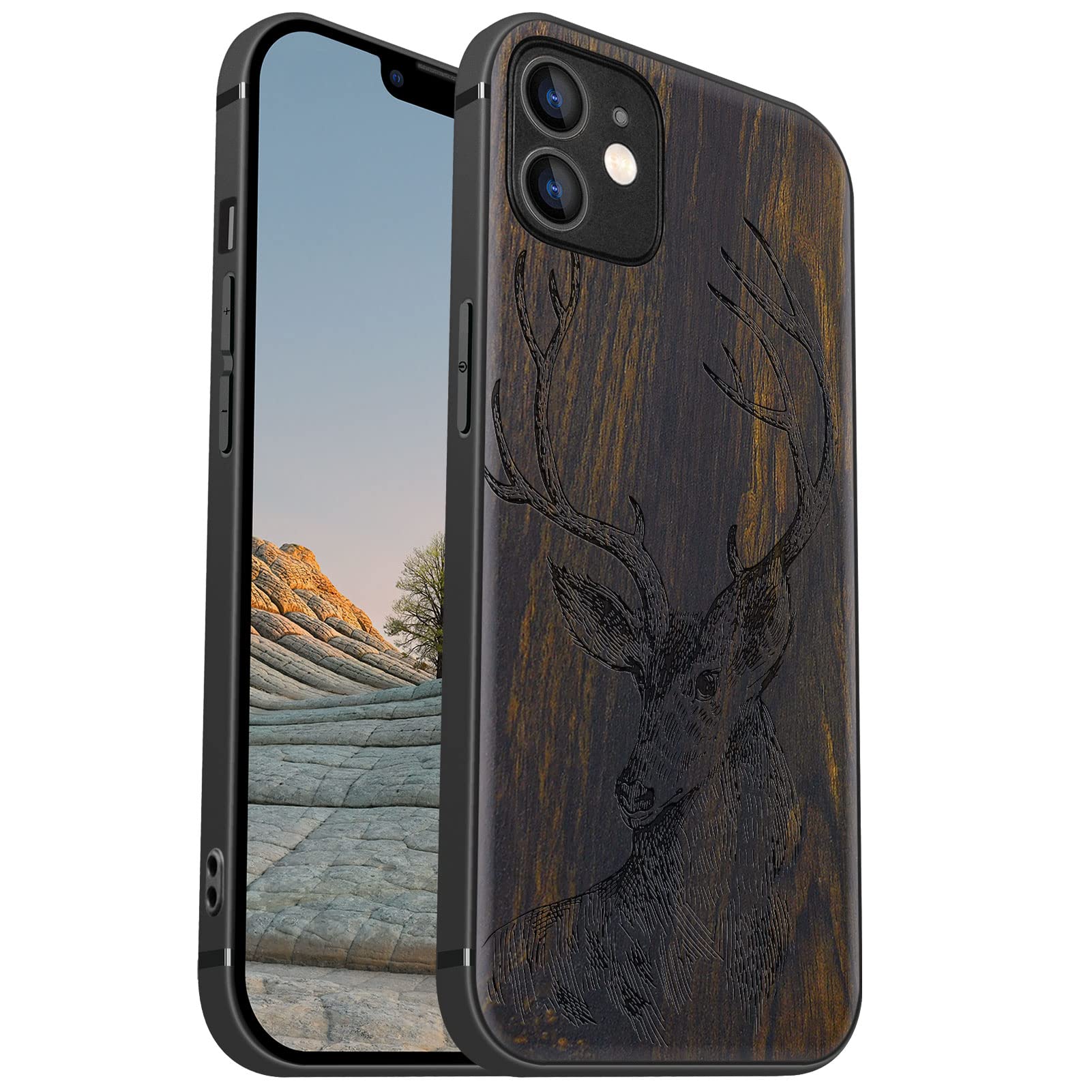 Carveit Magnetic Wood Case for iPhone 12 Case [Natural Wood & Black Soft TPU] Shockproof Protective Unique & Classy Wooden Cover Compatible with