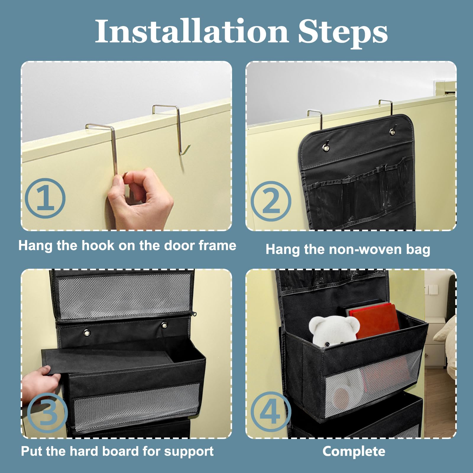 Organizador Colgante Extraíble con 5 Capas y 4 Ganchos - Tela para Colgar en Puerta - para Dormitorios y Habitaciones Infantiles, Negro