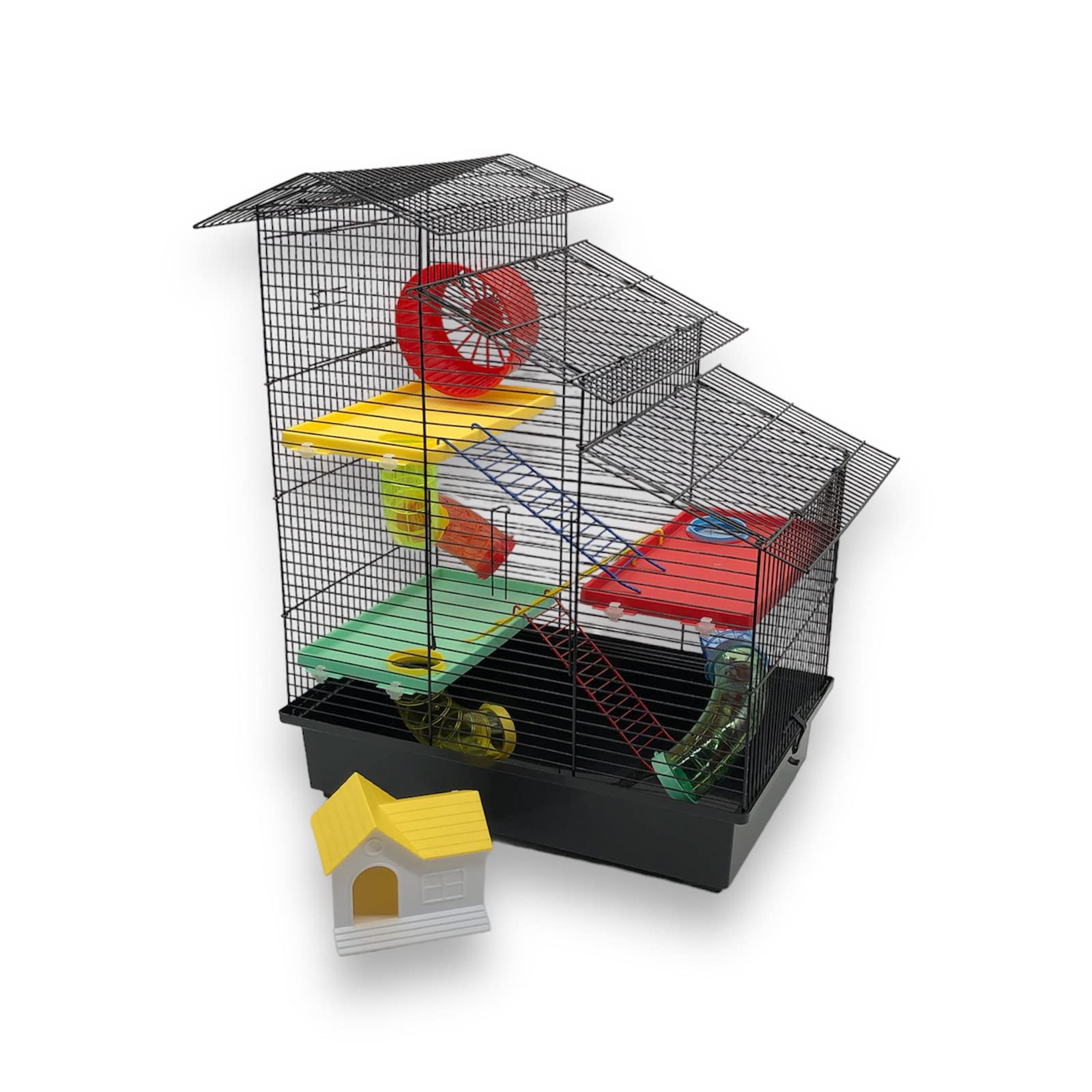 ZooPaul Hamsterkäfig XXL mit Zubehör Bunt für Hamster und Mäuse, Nagerkäfig mit Burg, Treppe, Tunnelsystem, Laufrad und Häuschen, 67 x 49 x 32 cm, Schwarz
