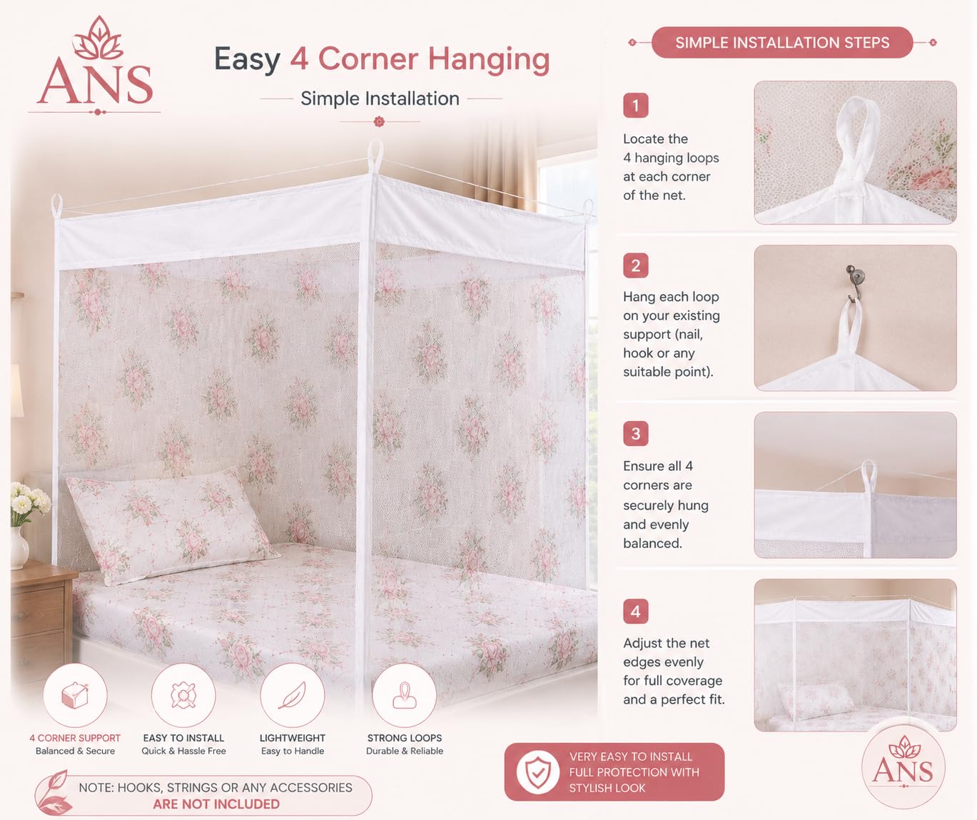 ANS Mosquito Net for Bed Floral Print with Cotton Border, Breathable Free Air Flow Hanging Mosquito Net, Fine Mesh Insect Protection Net, Washable Lightweight Bed Net for Home Use, White Floral 2