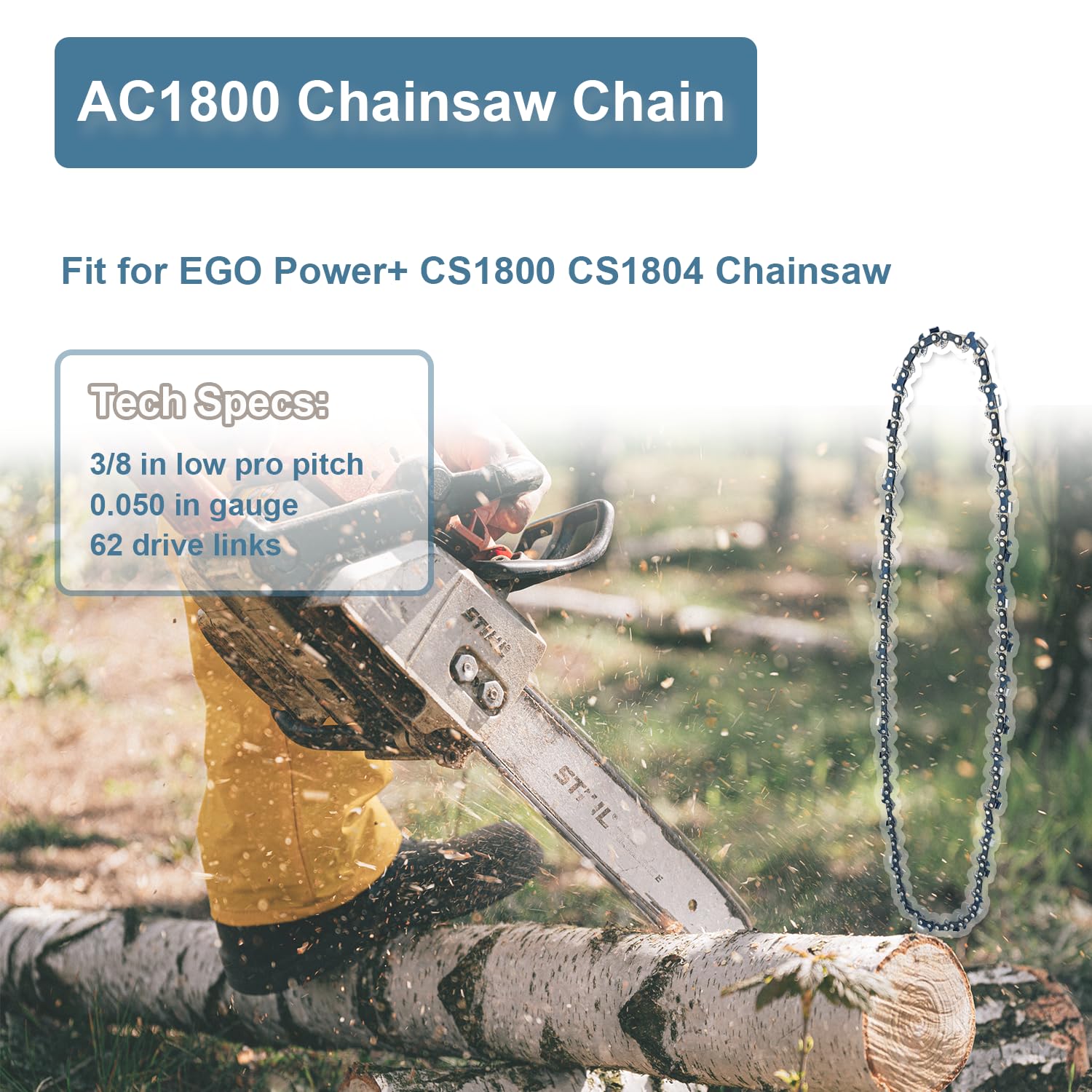 Paquete de 3 cadenas AC1800 de 18 pulgadas para motosierra EGO Power+ CS1800 CS1804, cadena de repuesto para motosierra EGO de 18 pulgadas, piezas de motosierra Ego, 62 eslabones de transmisión,