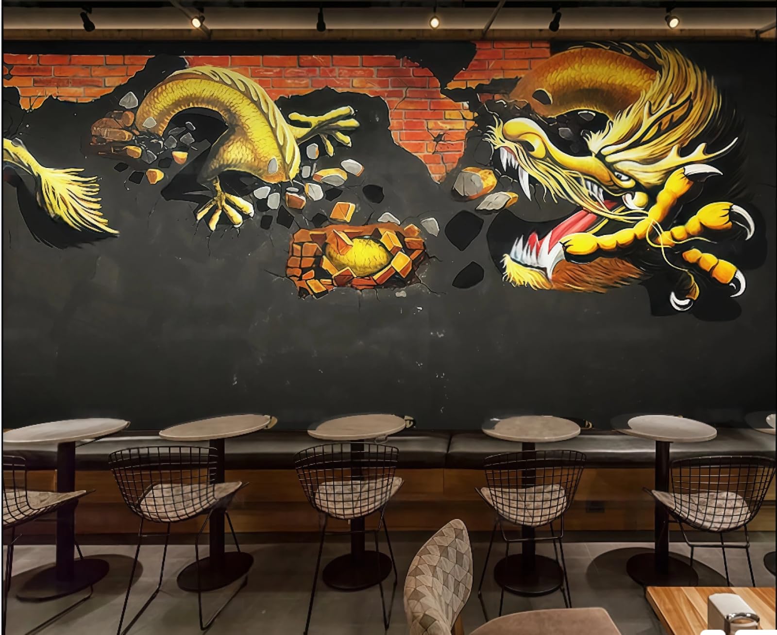 Tapeta nostalgiczna ceglana ściana graffiti złoty smok tematyczny sklep z napojami bar zachodnia restauracja tło fototapeta popołudniowa herbata kawiarnia tapeta 3D, 250 x 175 cm