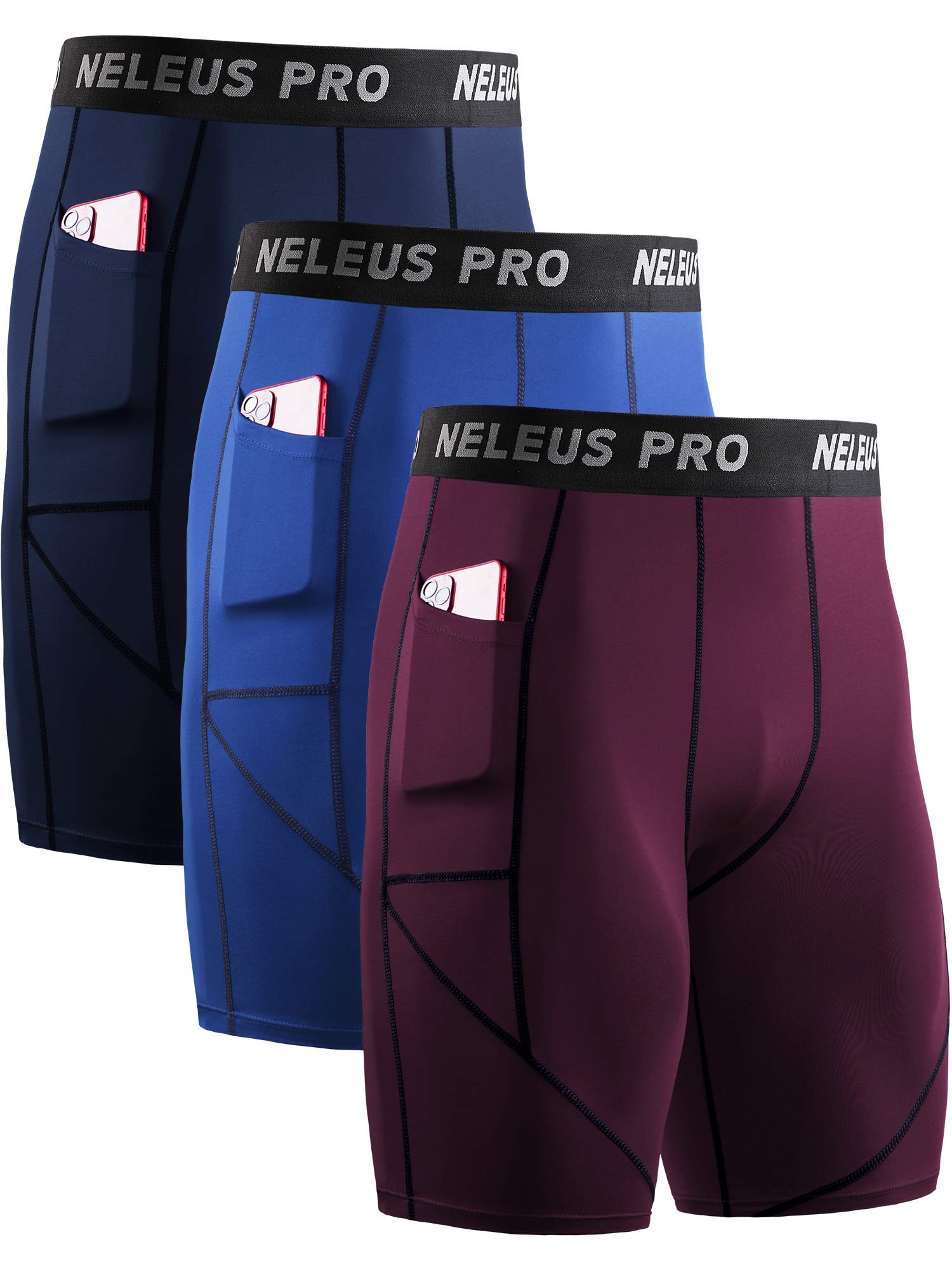 NELEUS Men's 3 Pack Running Compression Shorts with Pockets
