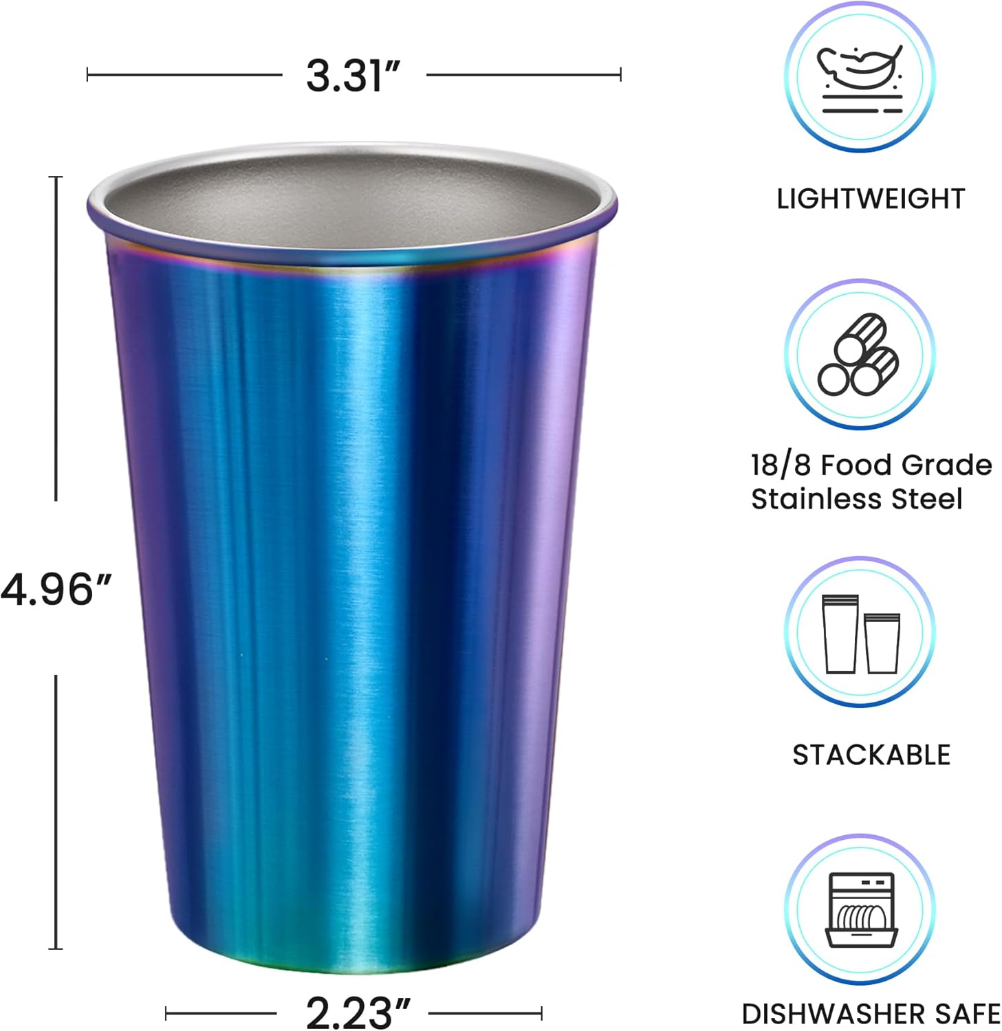 MEWAY 8 Pack 16oz Stainless Steel Pint Cup,Healthy Unbreakable and Stackable,Metal Drinking Glasses，Beer Glasses（Rainbow） - Image 2