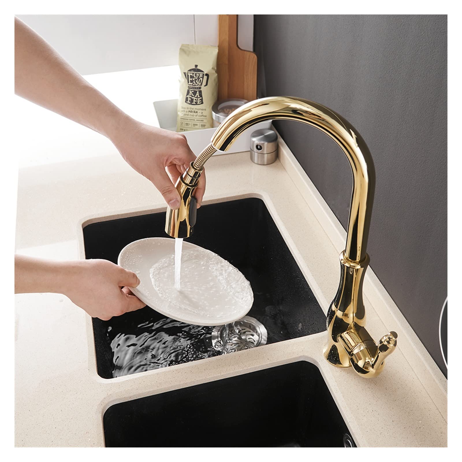 Grifo mezclador de agua giratorio de una sola manija dorada con diseño moderno, fácil instalación, rotación de 360 grados