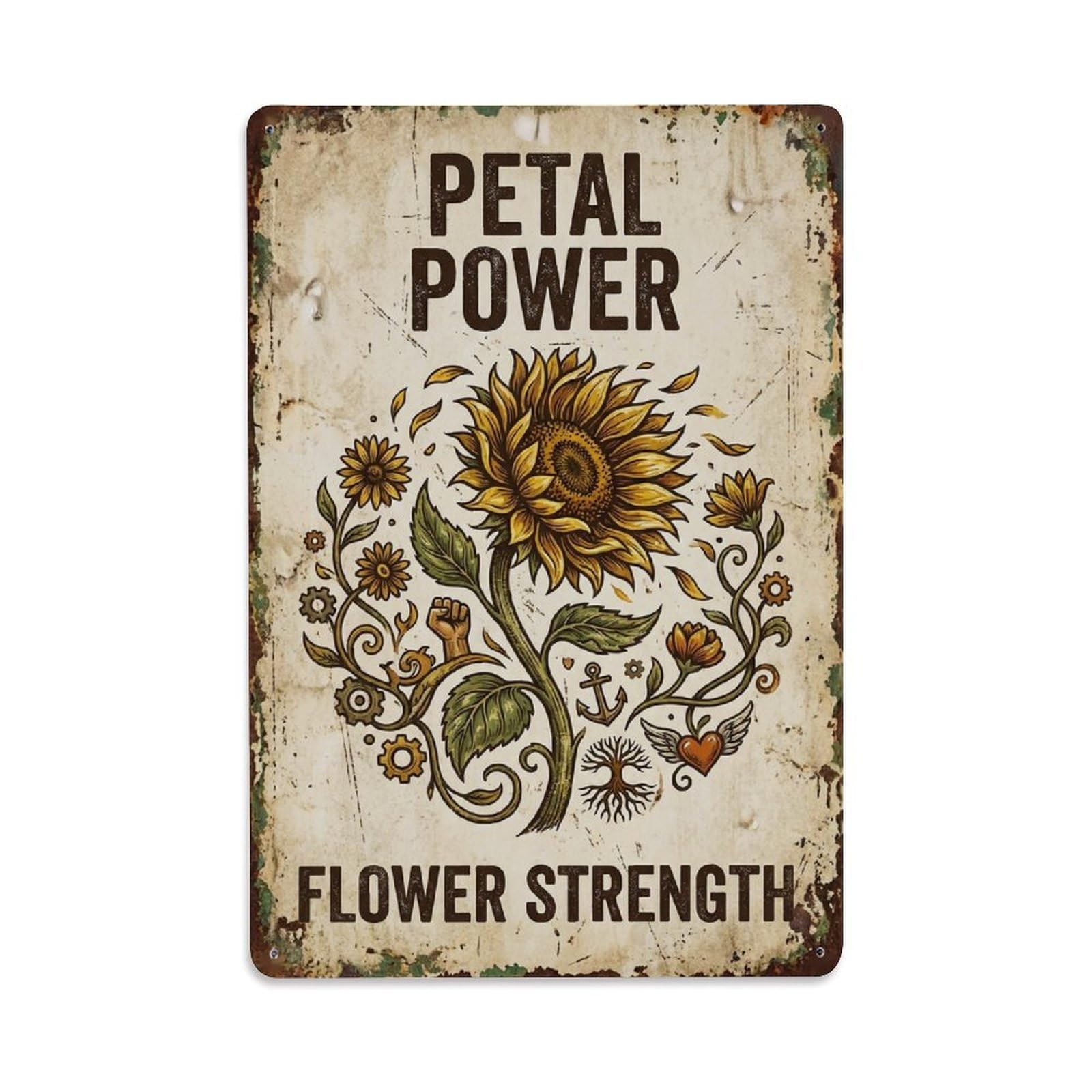 Okngb Style Folk Garden Botanical Motto Power Flower Strength Metal Tin Sign Plaque Wall Decor For Cafe, Man Cave, Club Bar, Office, Home Garden Round Metal Poster 8X12inch