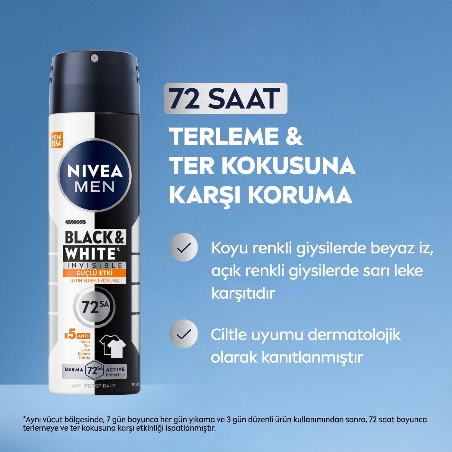 NIVEA MEN Erkek Sprey Deodorant Black&White Invisible Güçlü Etki 150 ml, 72Saat Anti Perspirant Koruma,Kıyafetlerde Leke Karşıtı (3 paketi)