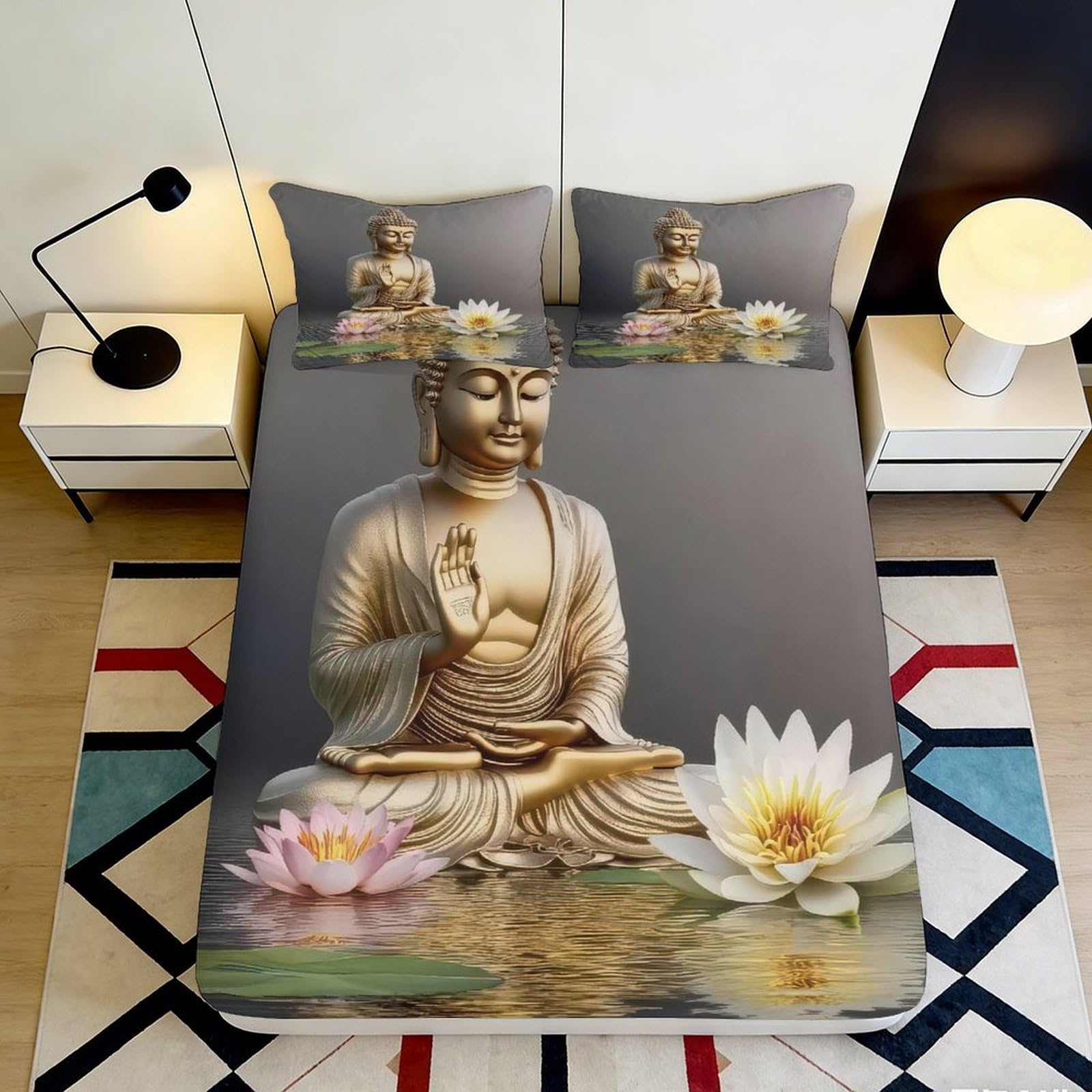 3D Printed Buddha Lotus Fitted Sheet Microfiber Anti-Slip Bed Cover for Bedroom Guest Room Easy Care Decor 90x200x25cm