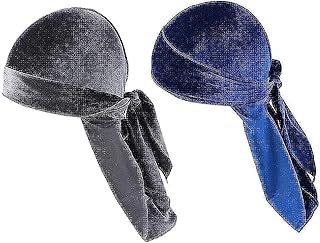 طاقية دوراج من القطيفة للرجال قطعتان بونيه بتصميم مميز ناعم بطرف طويل واشرطة عريضة لتموجات الشعر لون ازرق ورمادي