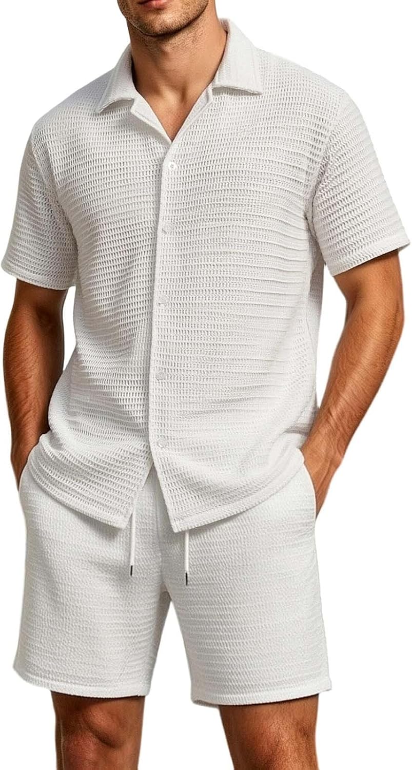 Mens Shirts and Drawstring Shorts Beach Outfits 2 Piece Set | Men's Button Down Lightweight Lounge Tracksuit Loose Vacation Sweatsuits Outgoing Hawaiian Two Piece Sets