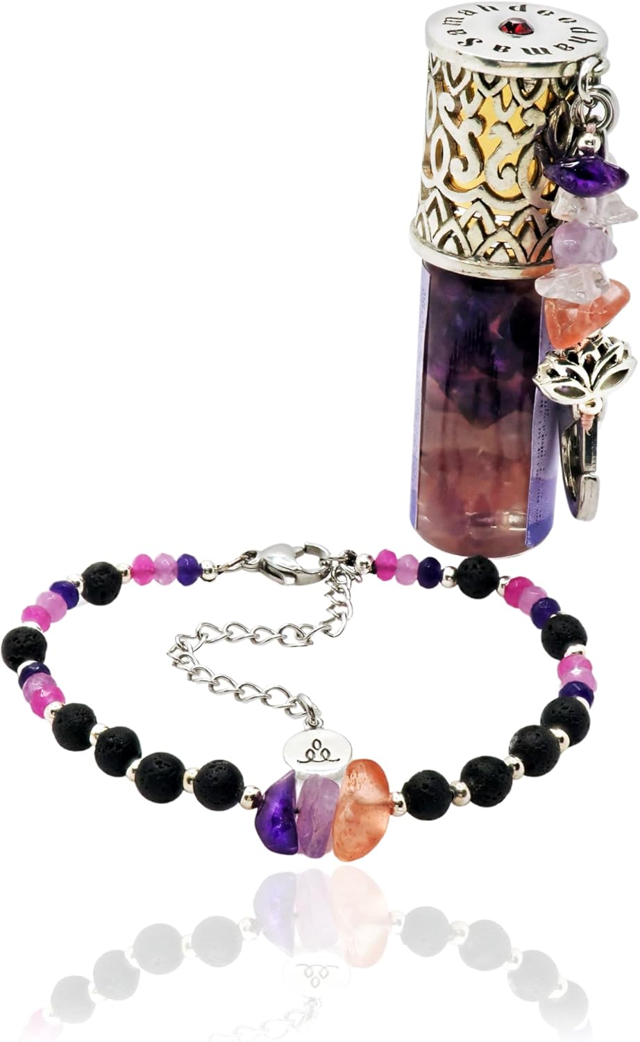 Scentual Stones Serenitii Set: Amethyst, Lepidolite & Pink Opal Beaded Bracelet with Organic Bergamot & Lavender Essential Oils - Aromatherapy Diffuser Jewelry, Meditation Accessories