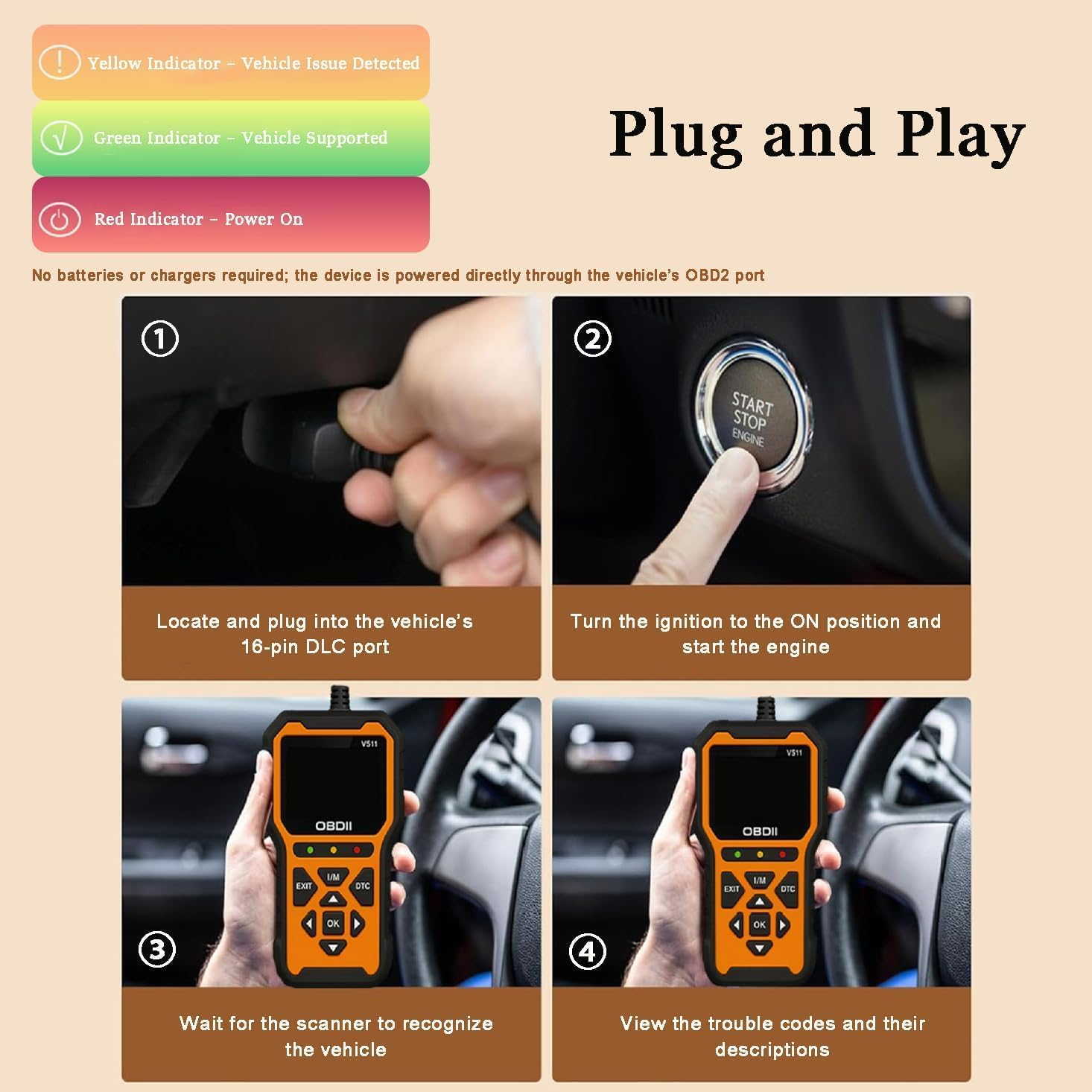 OBD2 Auto Diagnostica per Fiat Panda 2017-2026 | Lettore di Codici Motore e Strumento Diagnostico Spia Motore con Dati in Tempo Reale,Orange