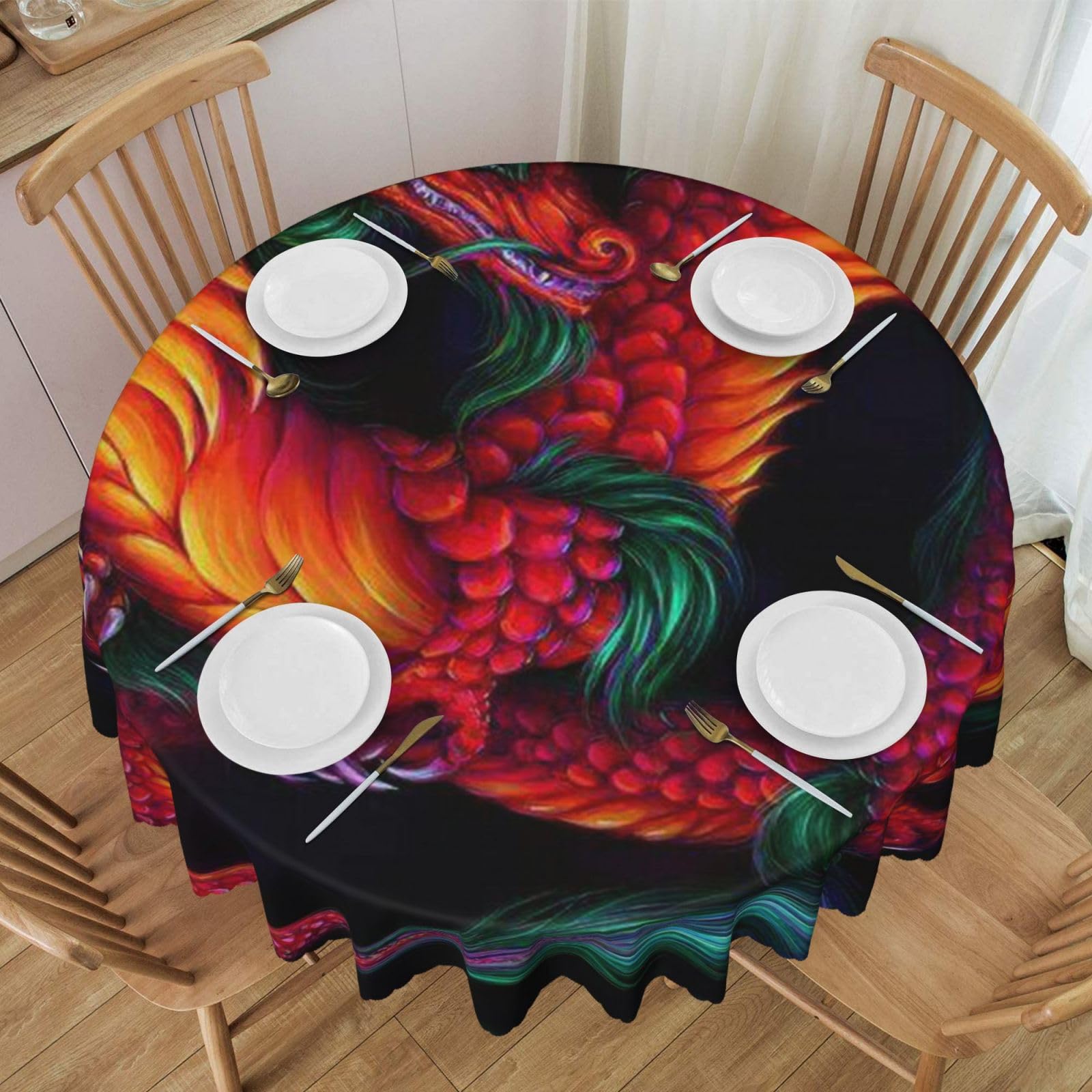 DCEHGEW 60 In Round Tablecloth with Lace, Chinese Dragon Printed Oilproof & Washable Fabric Picnic Table Cloth Table Covers