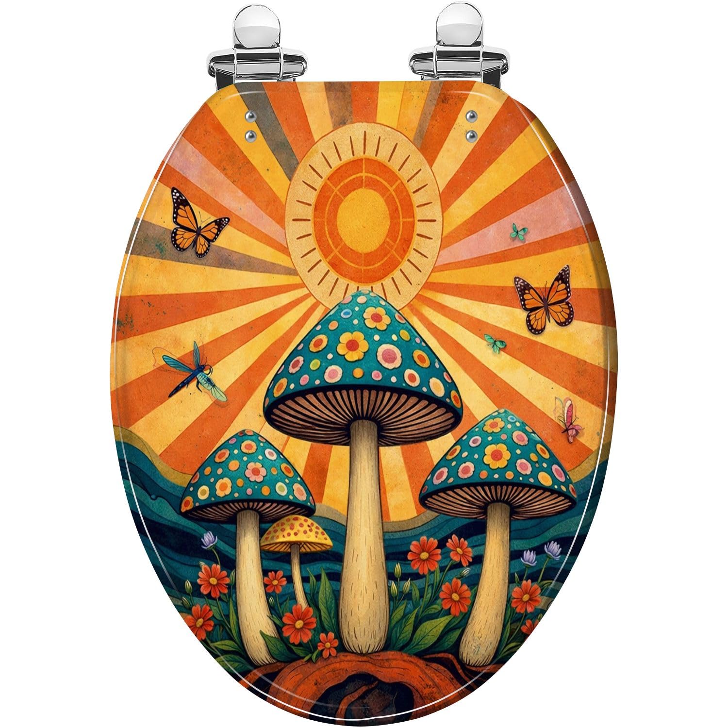 el Elongated, Decorative, Toilet seat, Vibrant, Resin, Psychedelic, Mushrooms, Colorful, Flowers, Butterflies, Quick Release, Hinges, Quiet Close, Easy Clean, Easy Install
