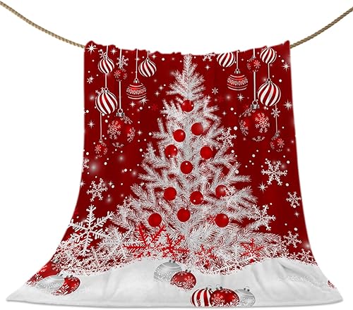 Manta roja de Navidad, copos de nieve blancos con copos de nieve, bolas rojas, manta de forro polar suave decorativa para el hogar, sofá, silla,