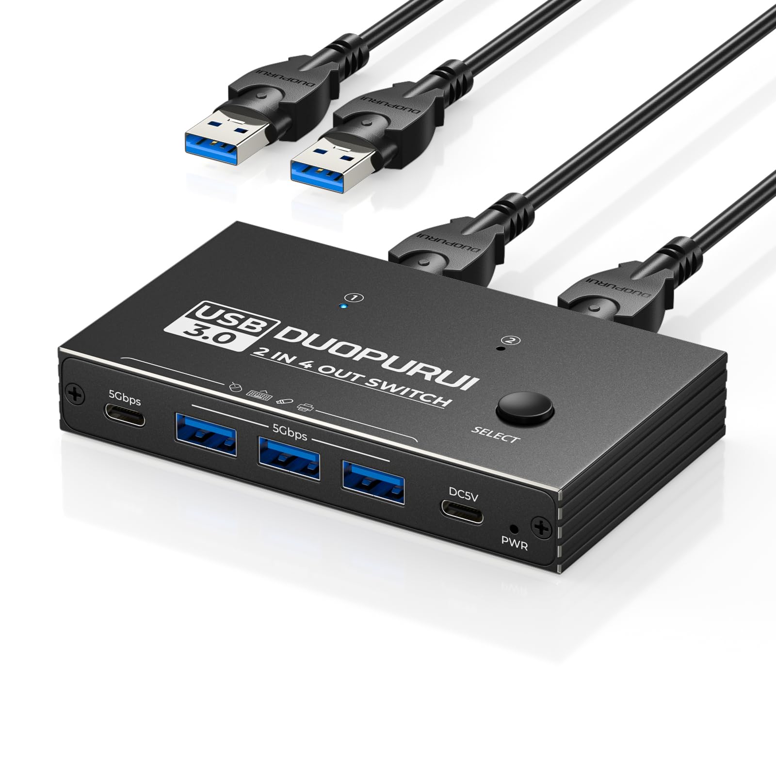 DUOPURUI USB 3.0 Switch 2 Computers Sharing USB C & A Devices,Easy One-Click Device Switching with USB-C Cable & USB-A Cable,USB Switch Hub Share Keyboard Mouse Printer Scanner(USB3.0 2in4out)