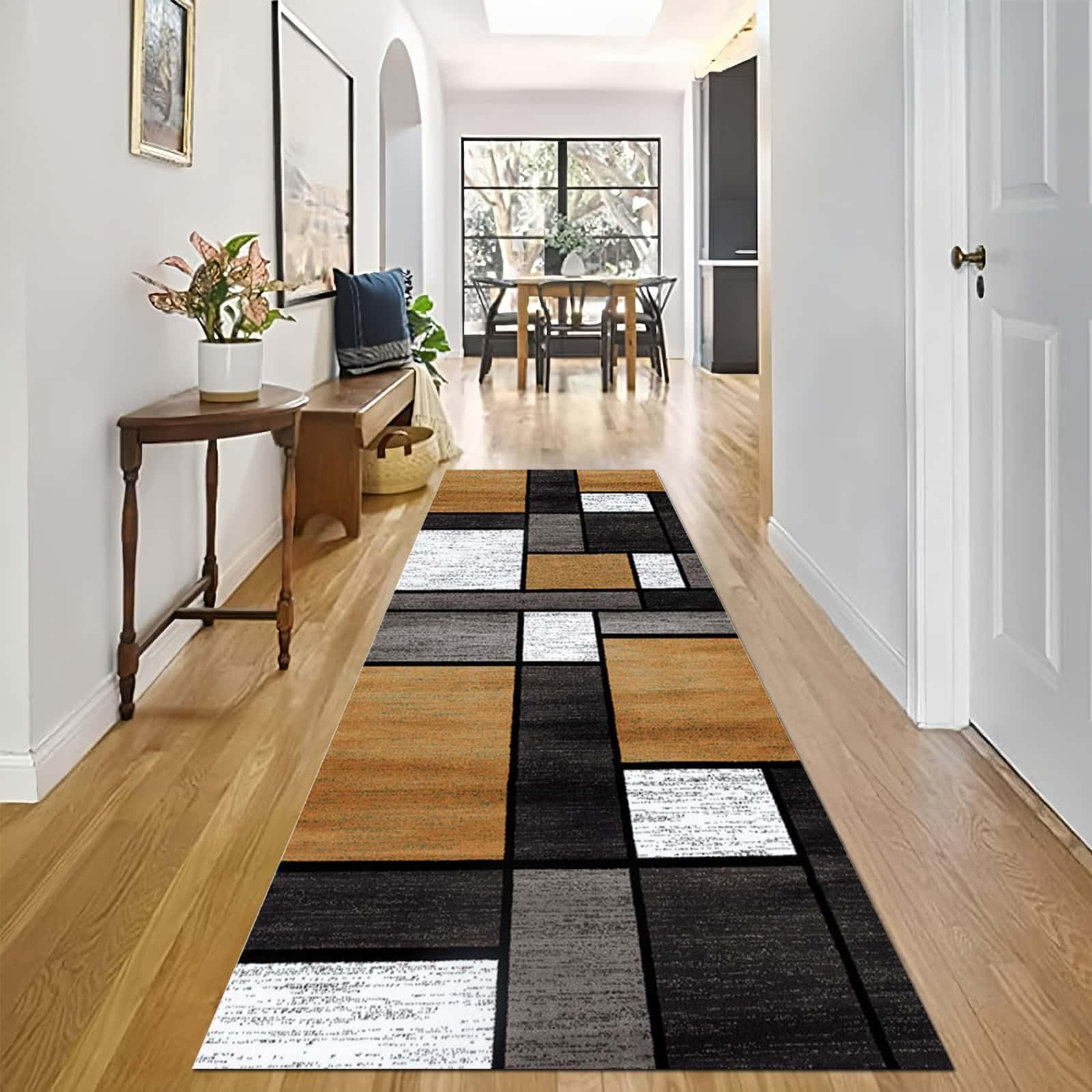 Tapis couloir moutarde marron gris à poils longs 110x900 cm antidérapant
