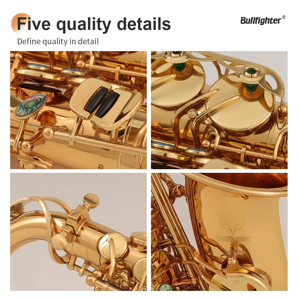 Bullfighter Sassofono contralto in rame laccato oro Mib con custodia rigida, cinghia, guanti, panno di pulizia, spazzola per la pulizia, bocchino di ricambio S-10 (oro)