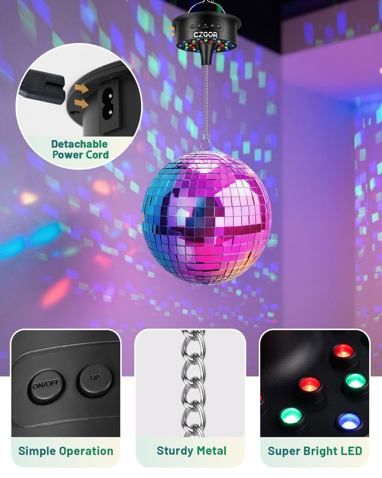 Motor de bola de discoteca con luz, 0/3/6/9/12/15 RPM giratorio de velocidad ajustable con mando a distancia, cable de alimentación desmontable de 2m/batería/modo de alimentación USB-C, soporta