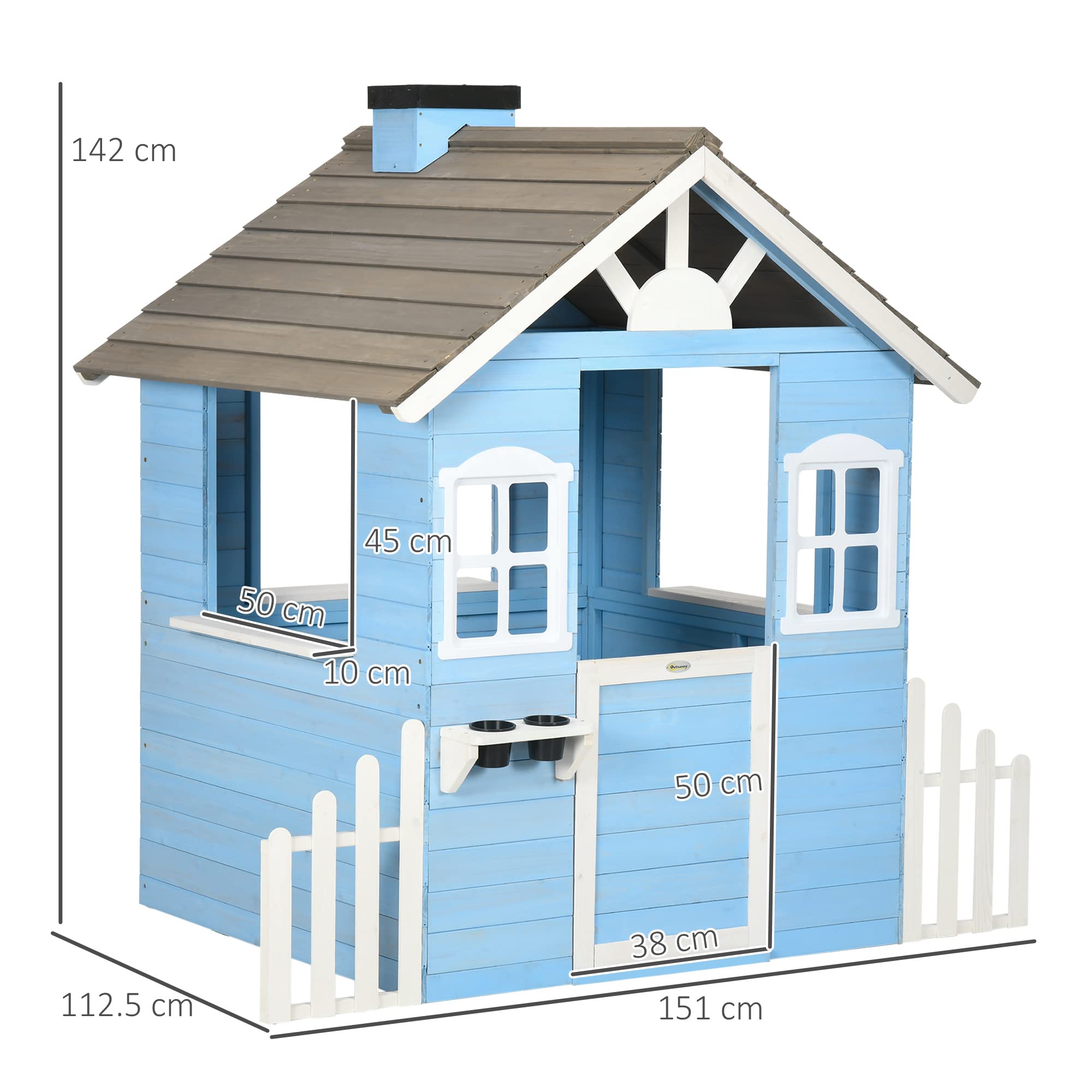 Outsunny Casa per Bimbi 3-7 Anni con Staccionata, Portavasi, Porta e Finestre, Casetta per Bambini in Legno di Abete, 151x112.5x142 cm, Blu