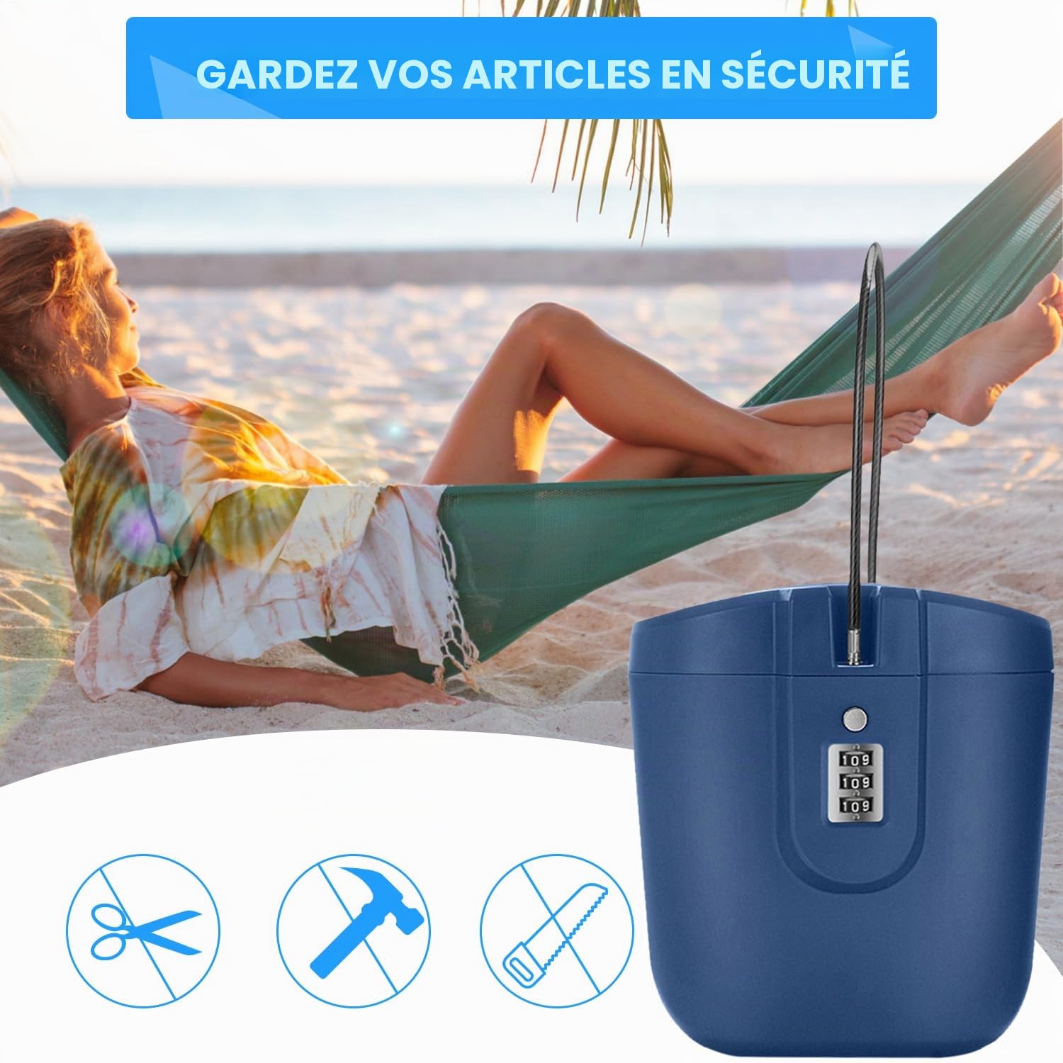 Coffre-Fort de Plage avec Serrure à Numéro, Coffre-Fort Antivol Portable pour la Plage, le Camping, les Voyages, le Sport, le Shopping (Bleu)