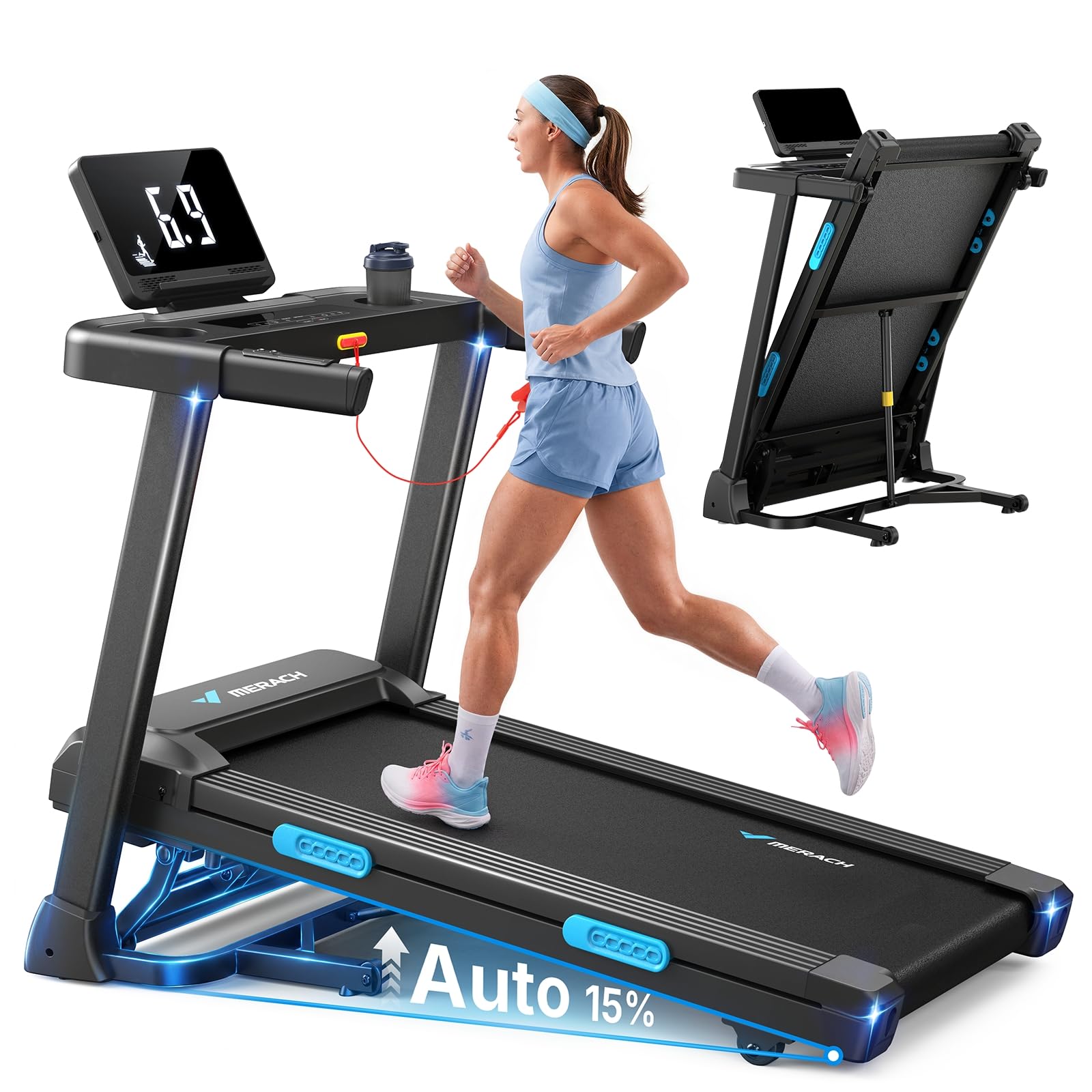 MERACH Laufband Für Zuhause mit Steigung, 0%-15% Automatische Neigung, 8.5km/h12km/h Laufband Klappbar, Walking Pad, Treadmill for Home Max 136KG, 42 * 108CM, Laufbänder APP