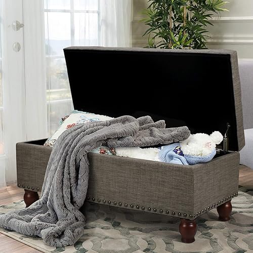 Miniatura 26 de Adeco Otomana de almacenamiento, banco tapizado rectangular de piel sintética con patas de madera, reposapiés, mesa de café para sala de estar,