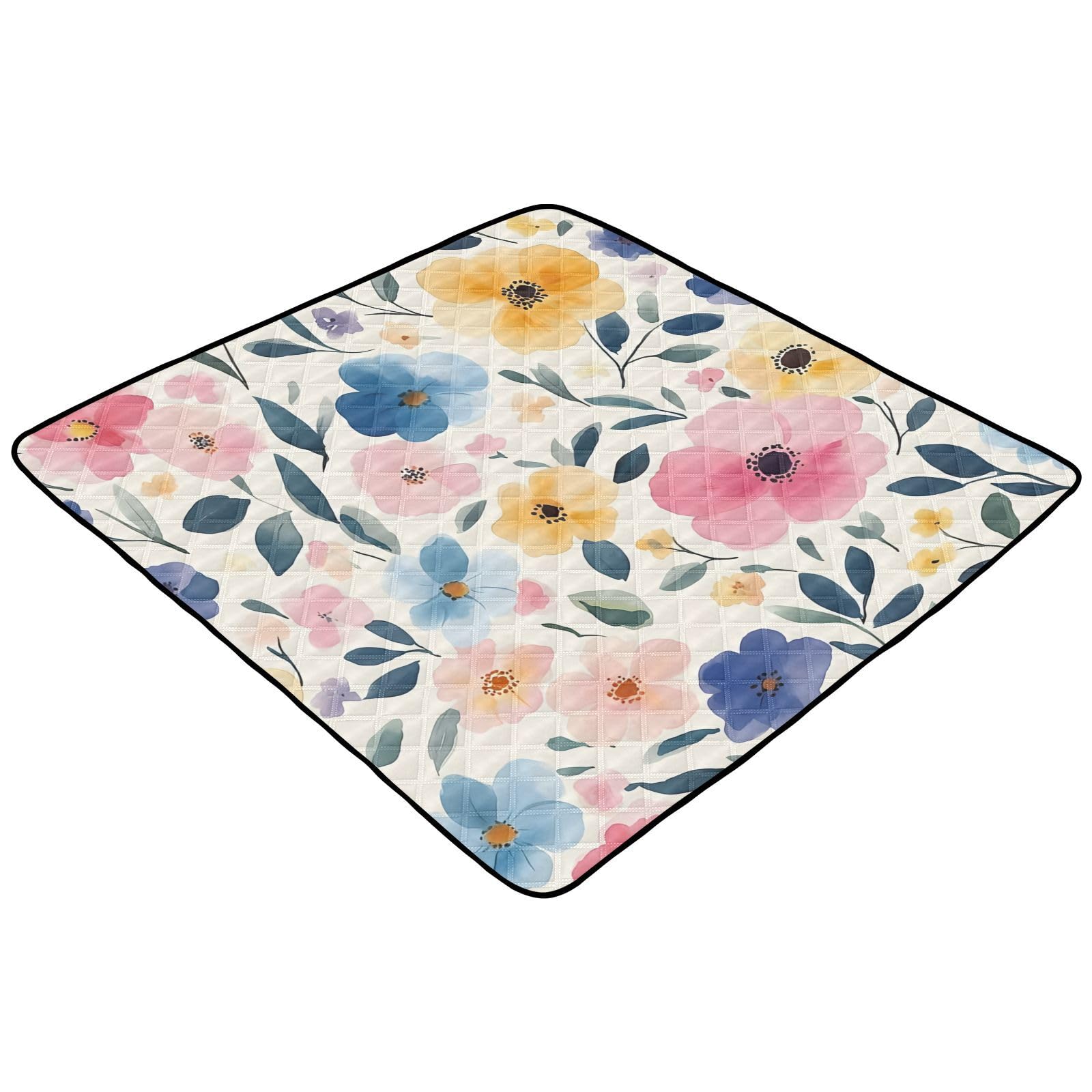 BOESI Watercolor Colorful Flowers Baby Play Mat, 50“ X 50” Washable Folding Crawling Mat, Baby Floor Mat, Soft, Non-Slip