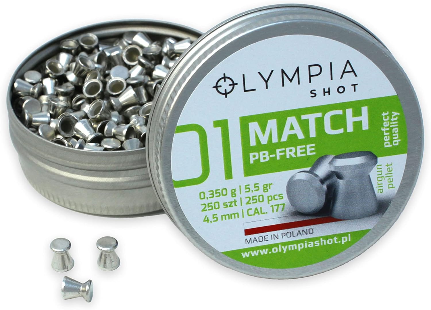 Olympia Shot Air Gun Pellets | .177 Caliber, .22 Caliber, .25 Caliber | Domed, Pointed, Flat Wadcutter Heads | Various Weights for Target Shooting, Hunting, Competition, and Training | 150-500 Count