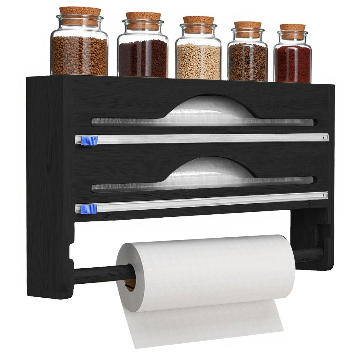 Livhome Wall Mounted Bamboo Cling Film Dispenser and Cutter with Kitchen Roll Holder, 4-in-1 Foil & Plastic Wrap Organiser with Spice Shelf, Compatible with 12 Inch Rolls (Black)